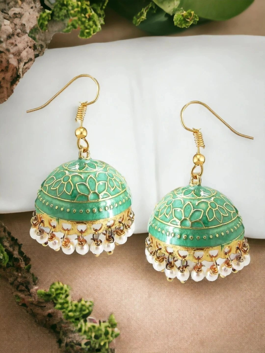 FEMMIBELLA Green & Gold Plated Geometric Jhumkas Earring