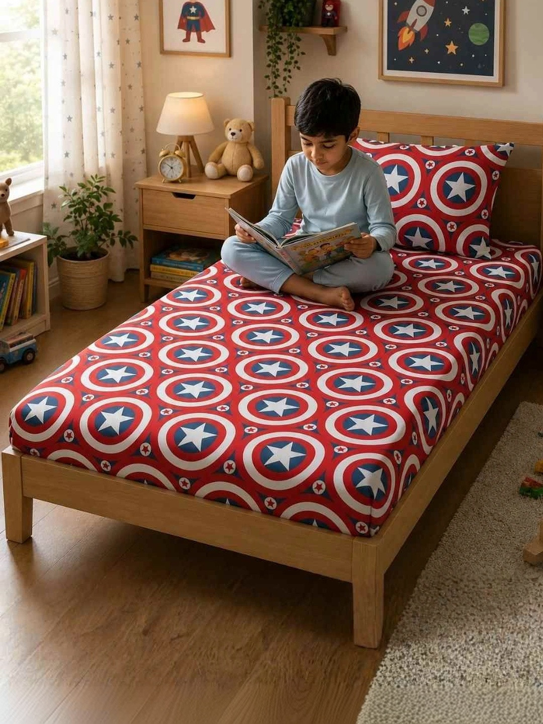 HABOOO Red & Blue Self Design 200 TC Single Bedsheet with 1 Pillow Covers