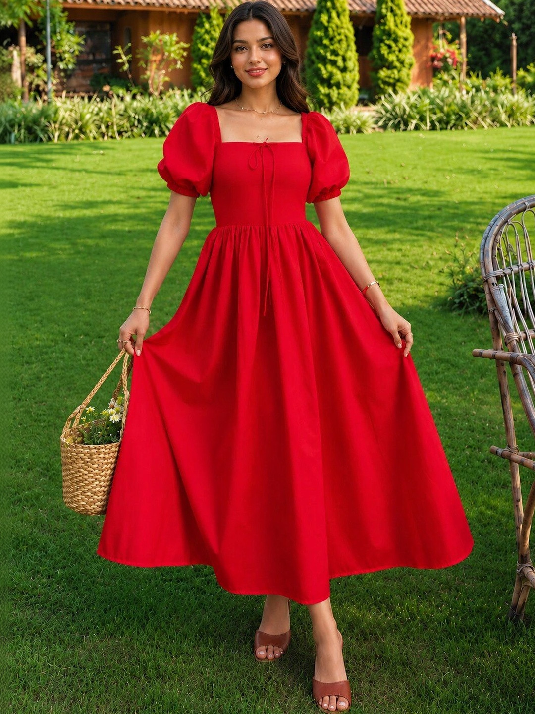 SYYNCRO Puff Sleeve A-Line Midi Dress