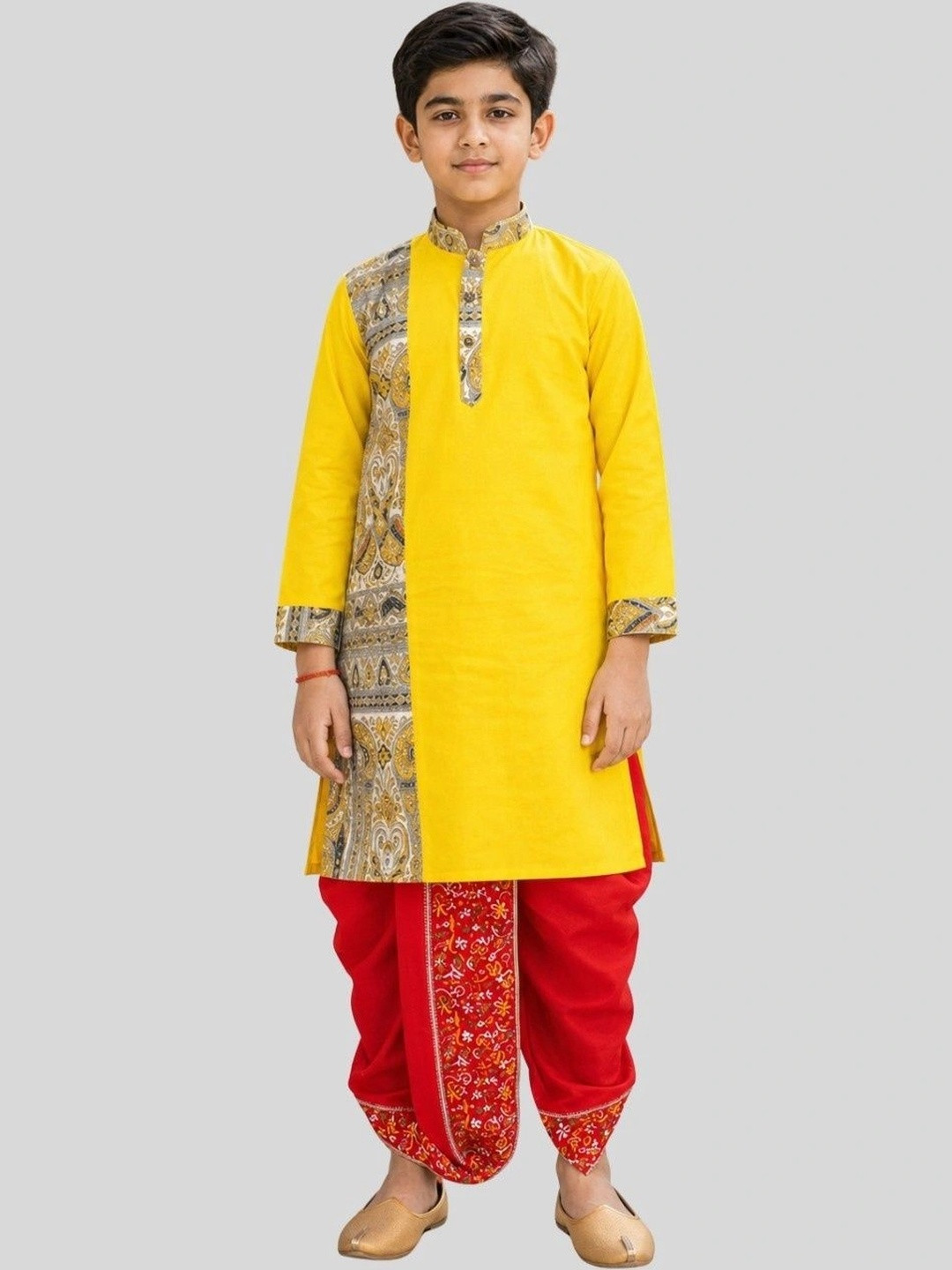 GOURI COLLECTIONS Boys Cotton Madhubani Printed Kurta with Dupion Silk Dhoti Set