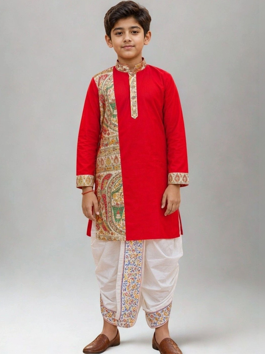 GOURI COLLECTIONS Boys Madhubani Printed Cotton Kurta with Dupion Silk Dhoti Set