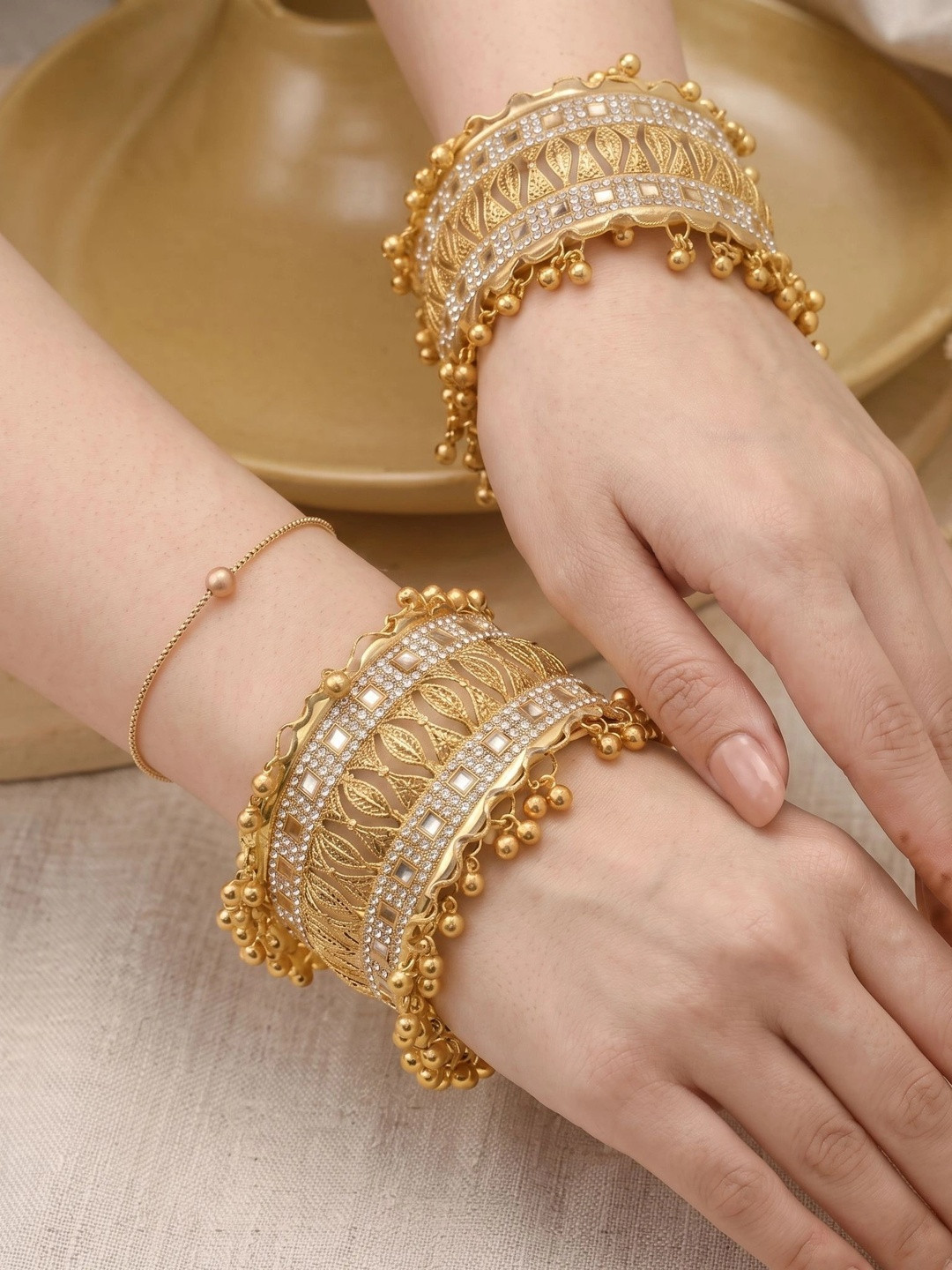 Sangria Set of 2 Gold-Plated Stone Studded & Beaded Bangles