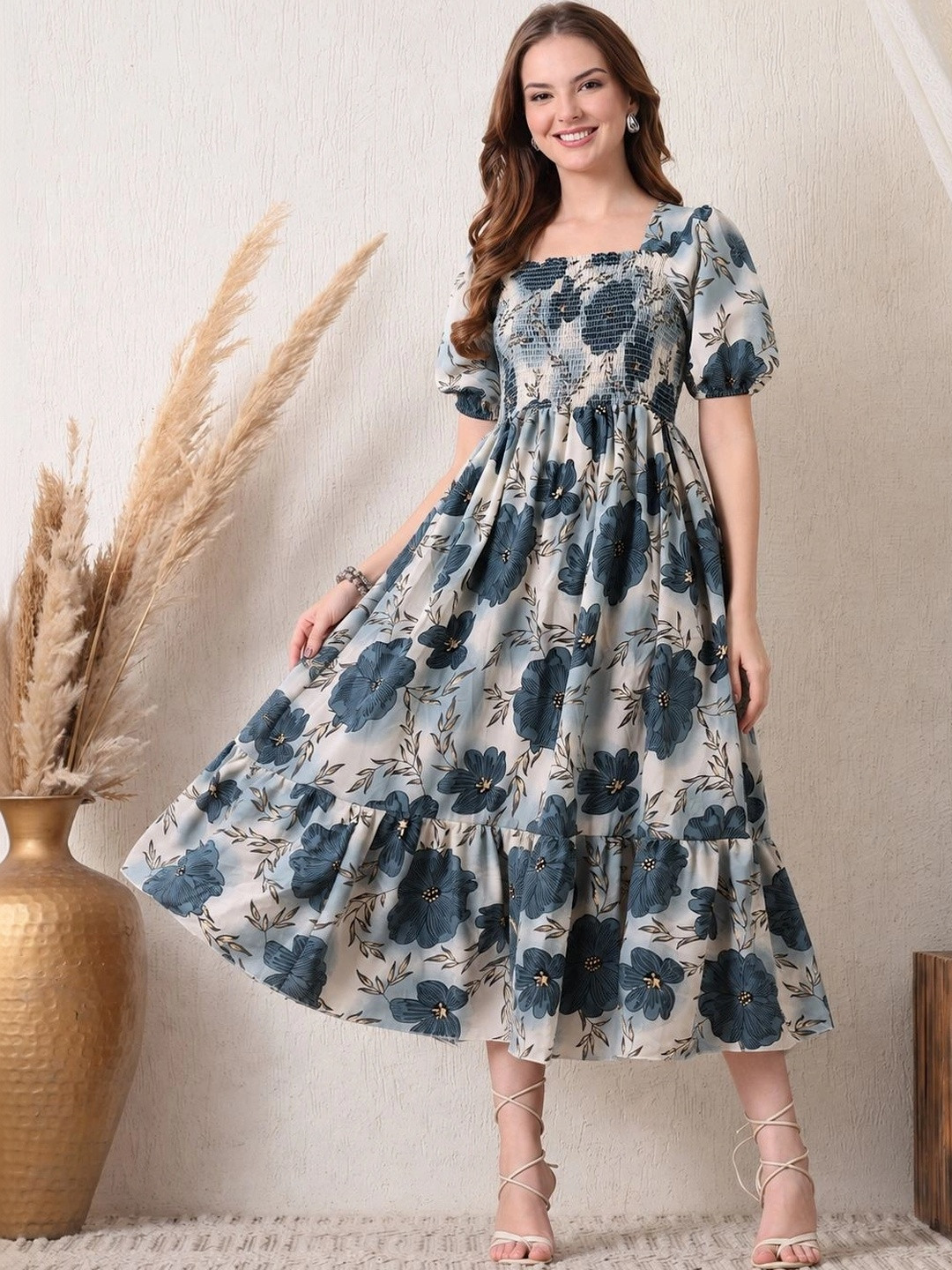 SZN Floral Print Puff Sleeve Crepe A-Line Midi Dress