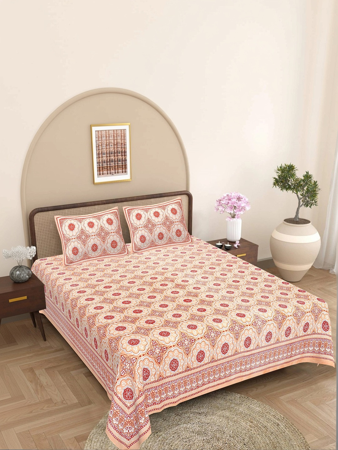 FrionKandy Living Peach-Coloured & Red Floral 180 TC Bedsheet with 2 Pillow Covers