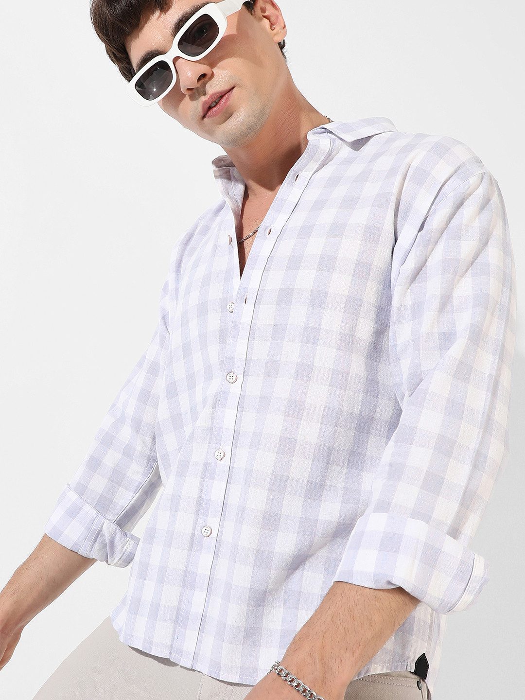 CAHOOT White & Lavender Gingham Checks Casual Shirt