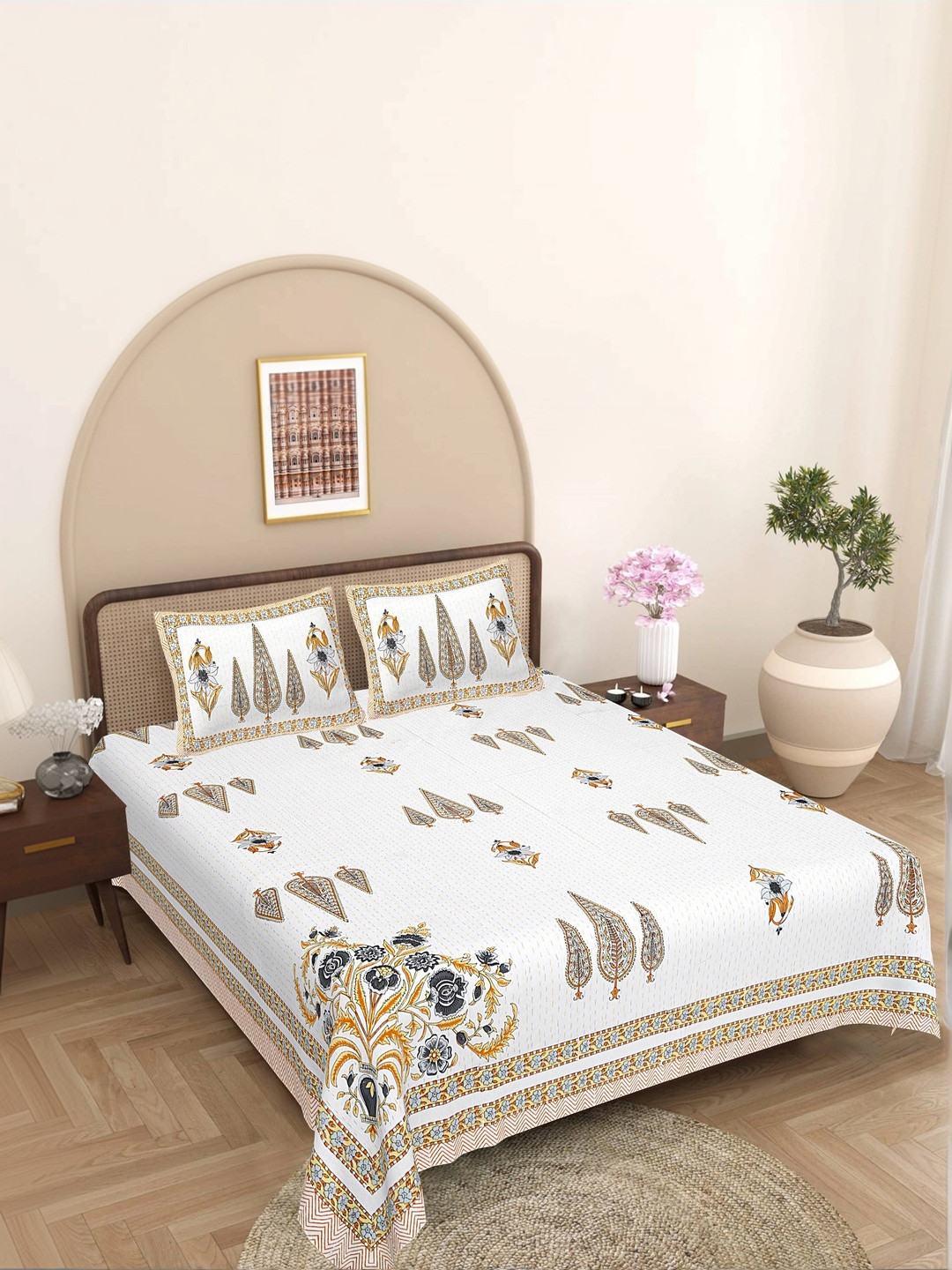 FrionKandy Living White & Black Floral 180 TC Bedsheet with 2 Pillow Covers