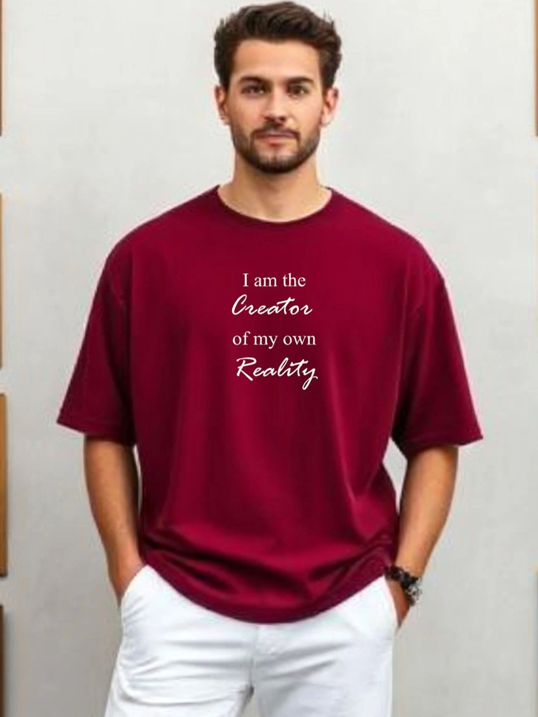 Burgundy Typography Printed Oversized T-shirt