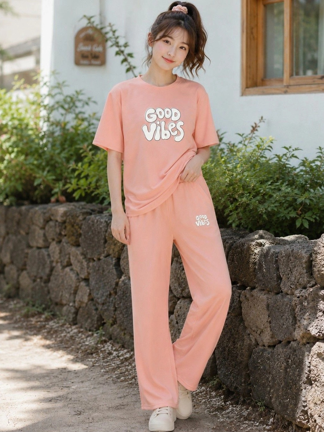 Peach-Coloured Printed T-shirt with Trousers