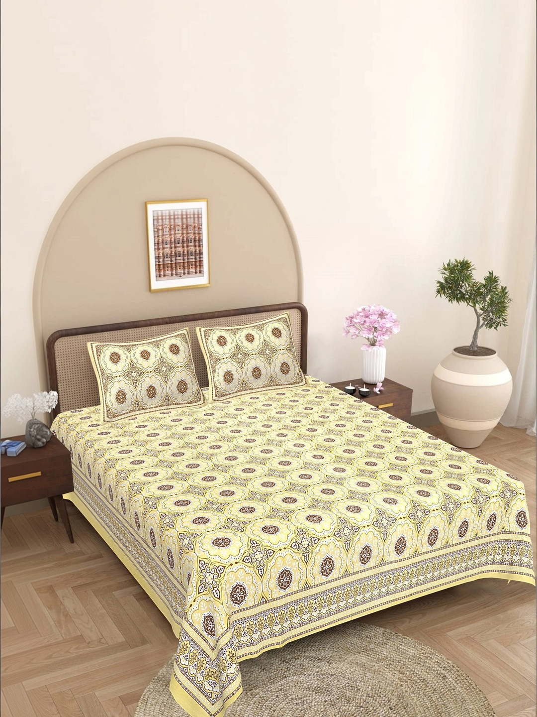 FrionKandy Living Yellow & Yellow Floral 180 TC Bedsheet with 2 Pillow Covers