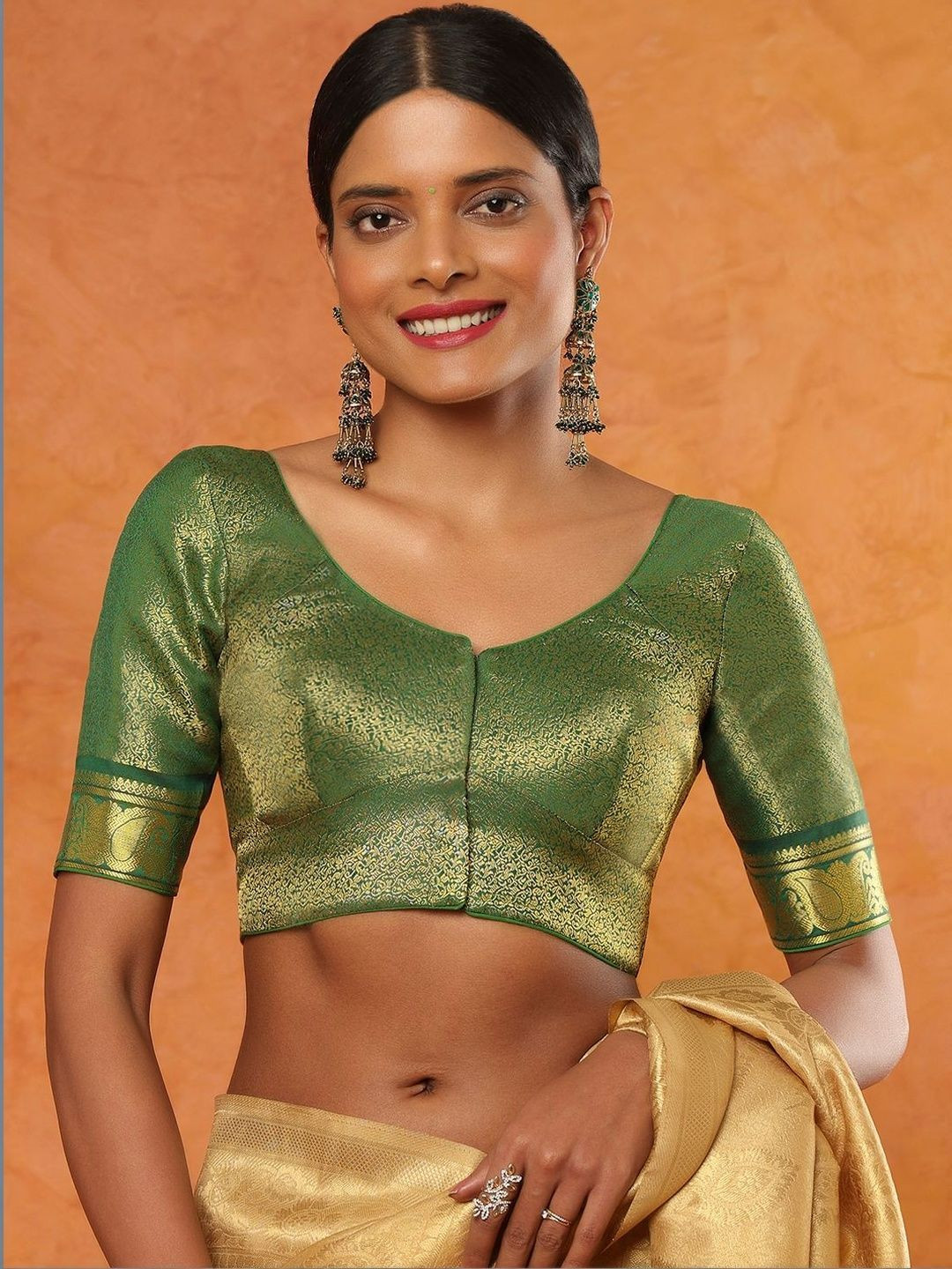 SALWAR STUDIO Brocade Woven Design Round Neck Non Padded Saree Blouse