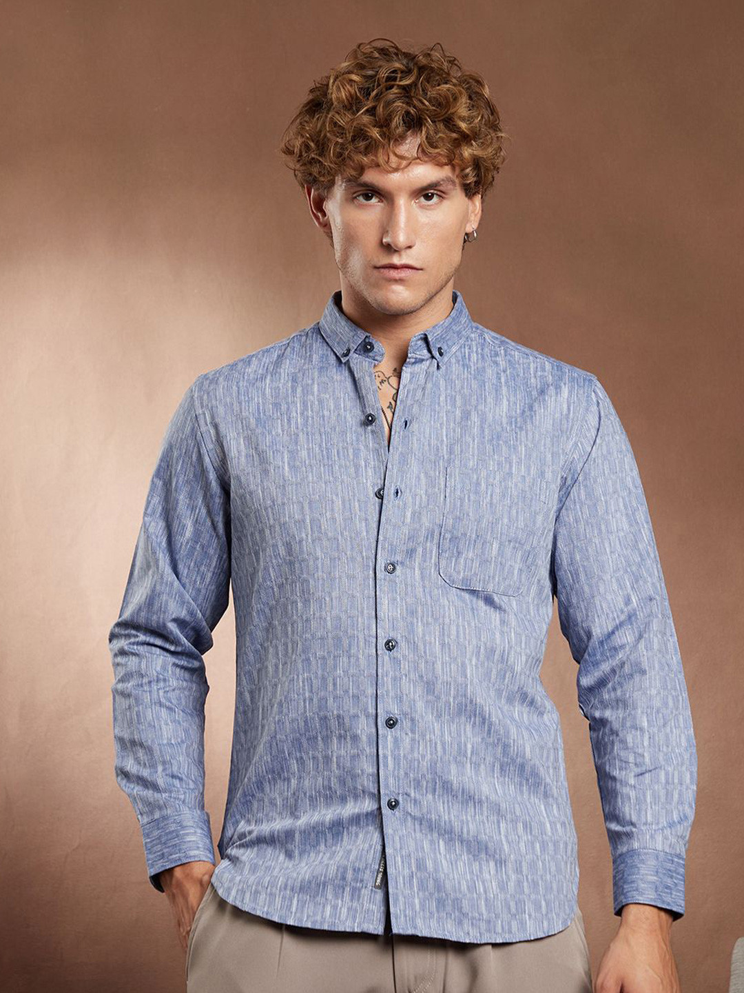 CAHOOT Men Comfort Fit Textured Button-Down Collar Cotton Casual Shirt
