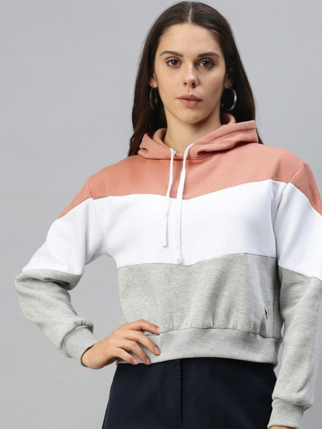 PINACOLADA Women Grey Colourblocked Hooded Casual Sweatshirt