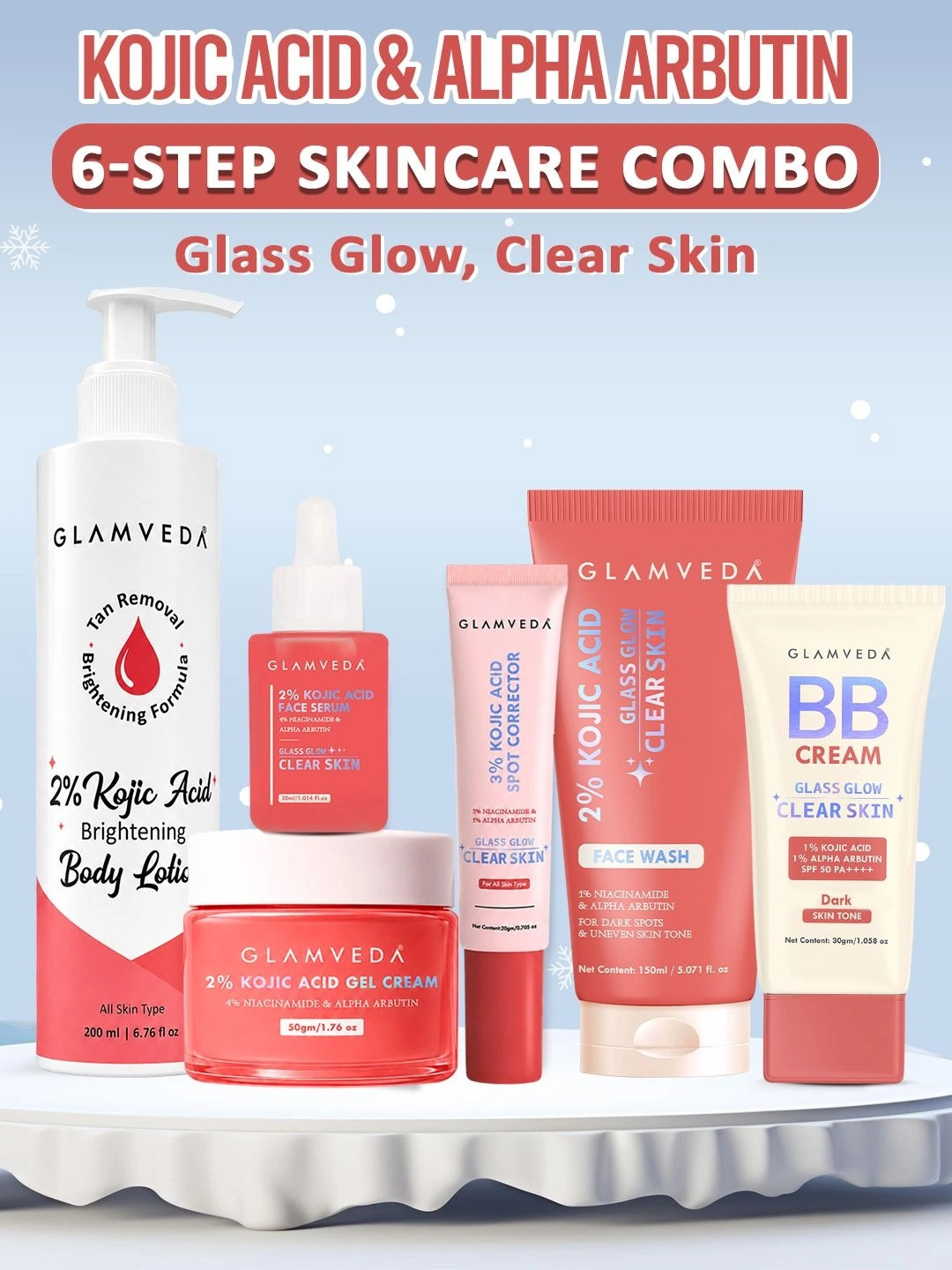 GLAMVEDA Kojic Acid 6-Step Skincare Combo Kit For Remove Dark Spots All Skin Type- 480ml