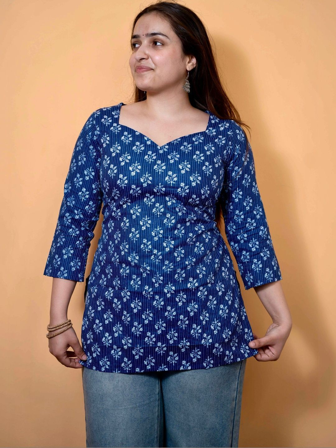 mudscare Floral Printed Square Neck Pure Cotton Kurti