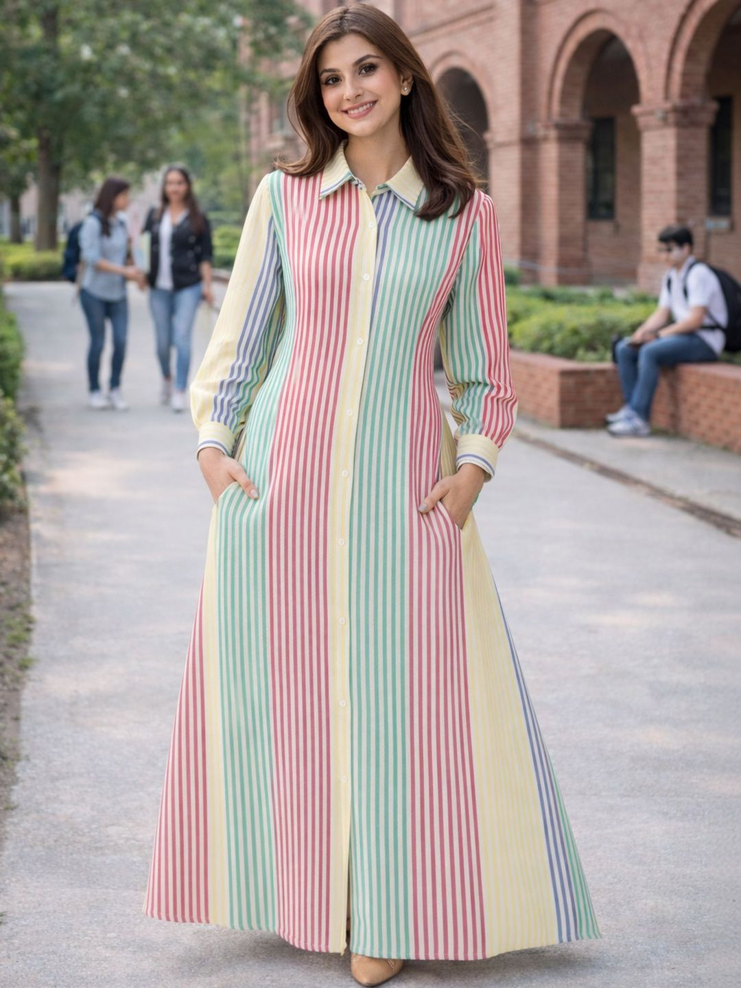 SARINKU Striped Crepe Shirt Maxi Dress