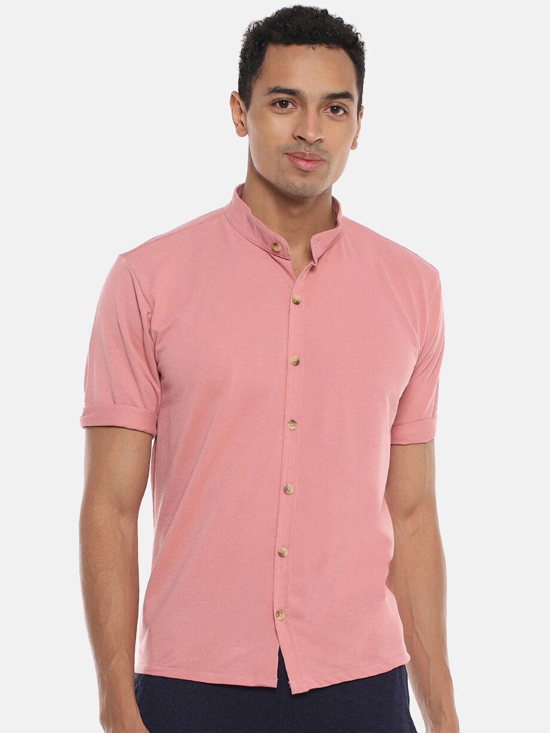CAHOOT Pink Classic Band Collar Cotton Casual Shirt