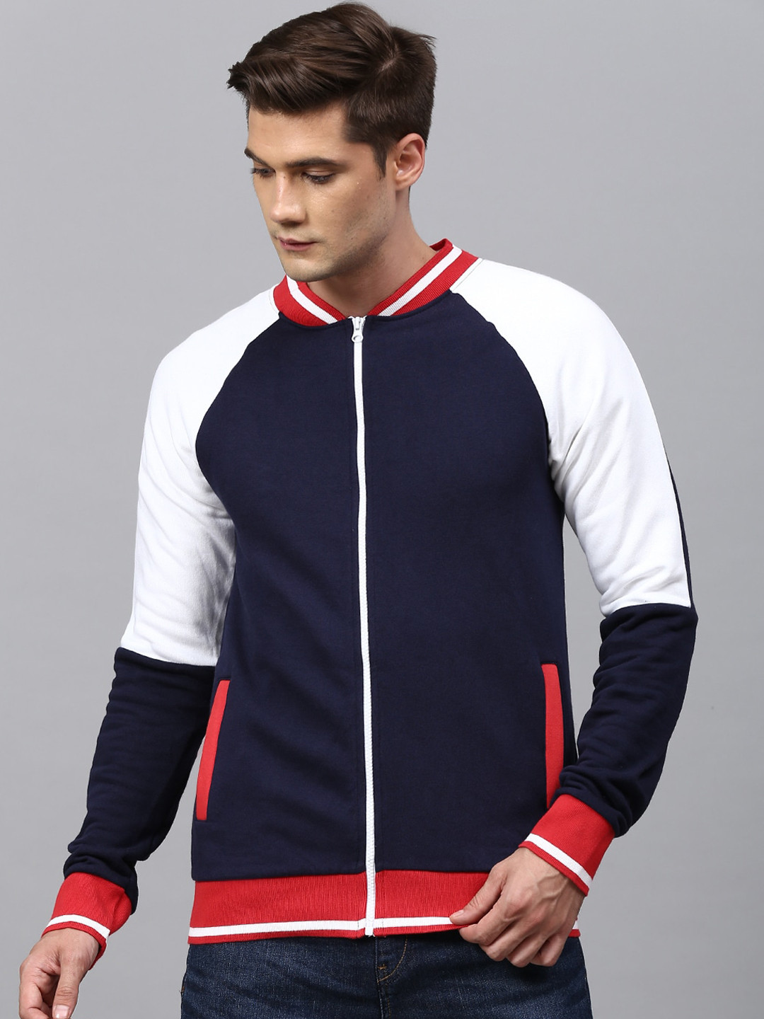 CAHOOT Men Navy Blue Colourblocked Windcheater Cotton Sporty Jacket