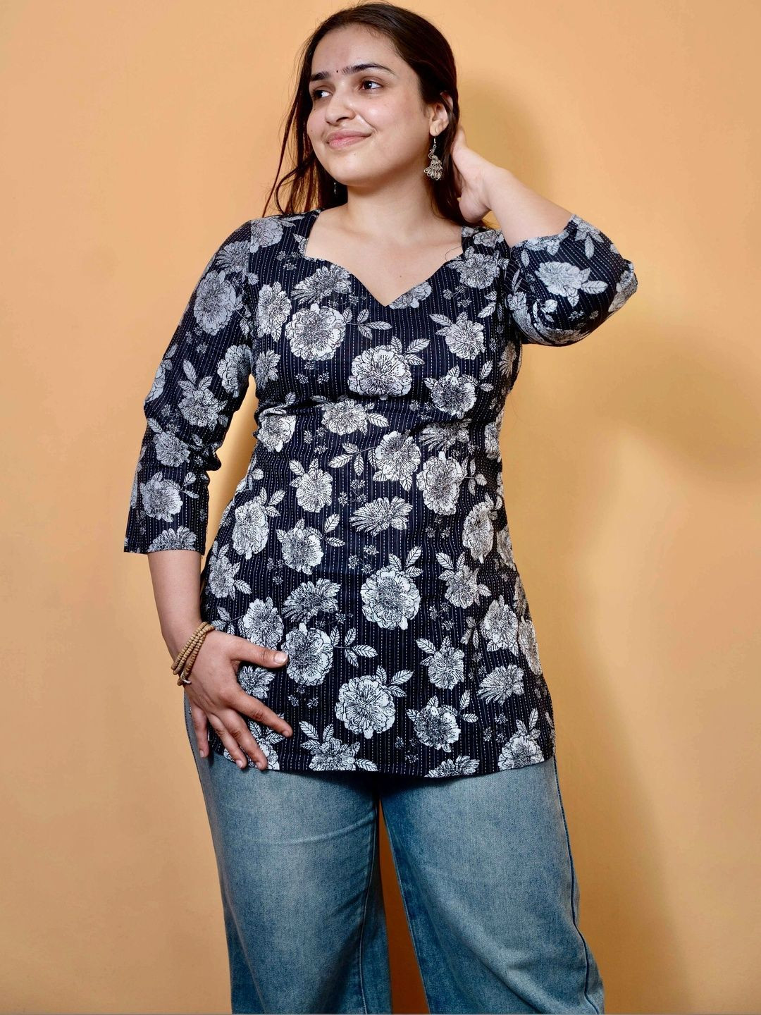 mudscare Floral Printed V-Neck Pure Cotton Kurti