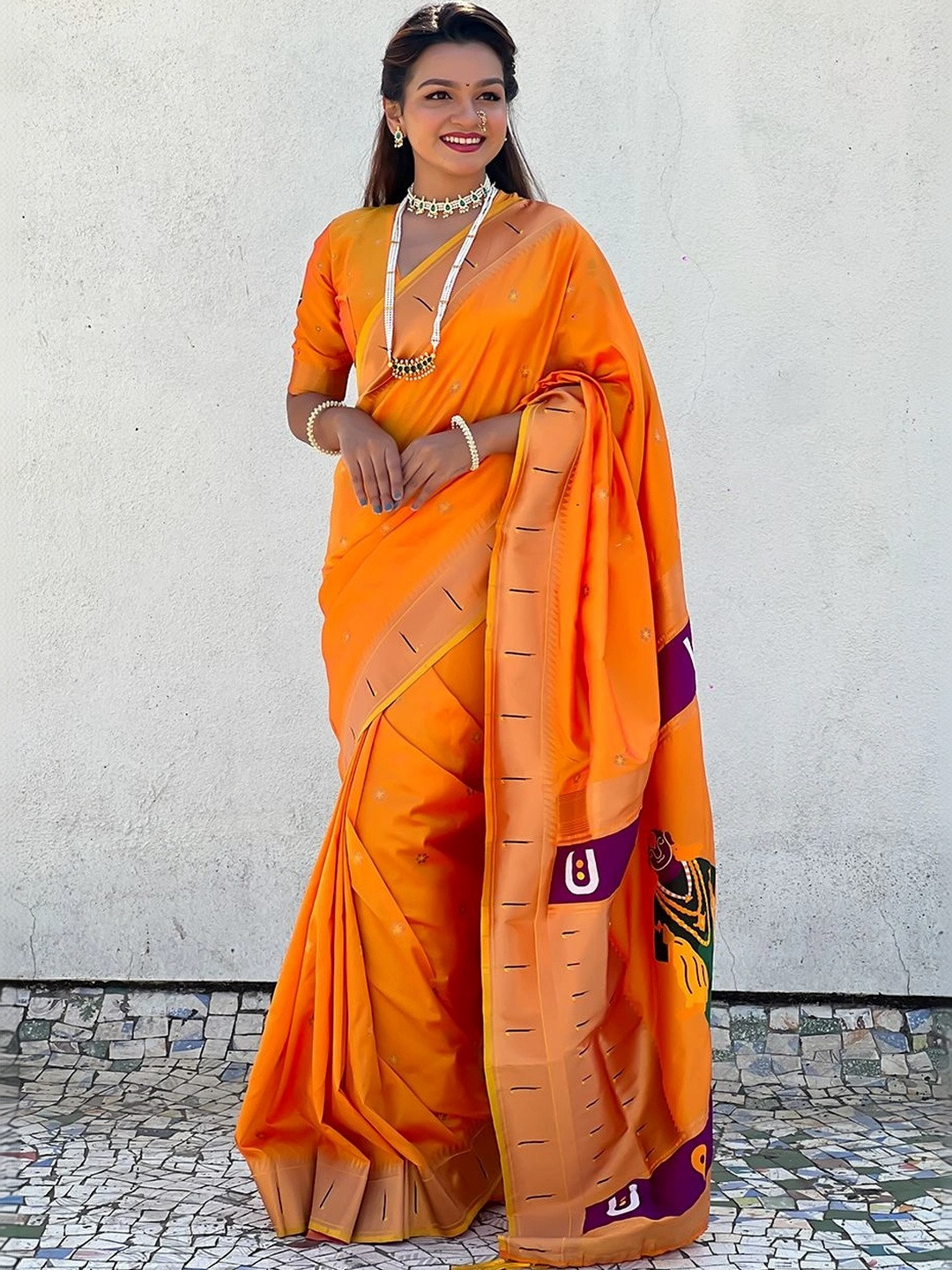 ELITE WEAVES Ethnic Motifs Zari Silk Blend Designer Paithani Saree