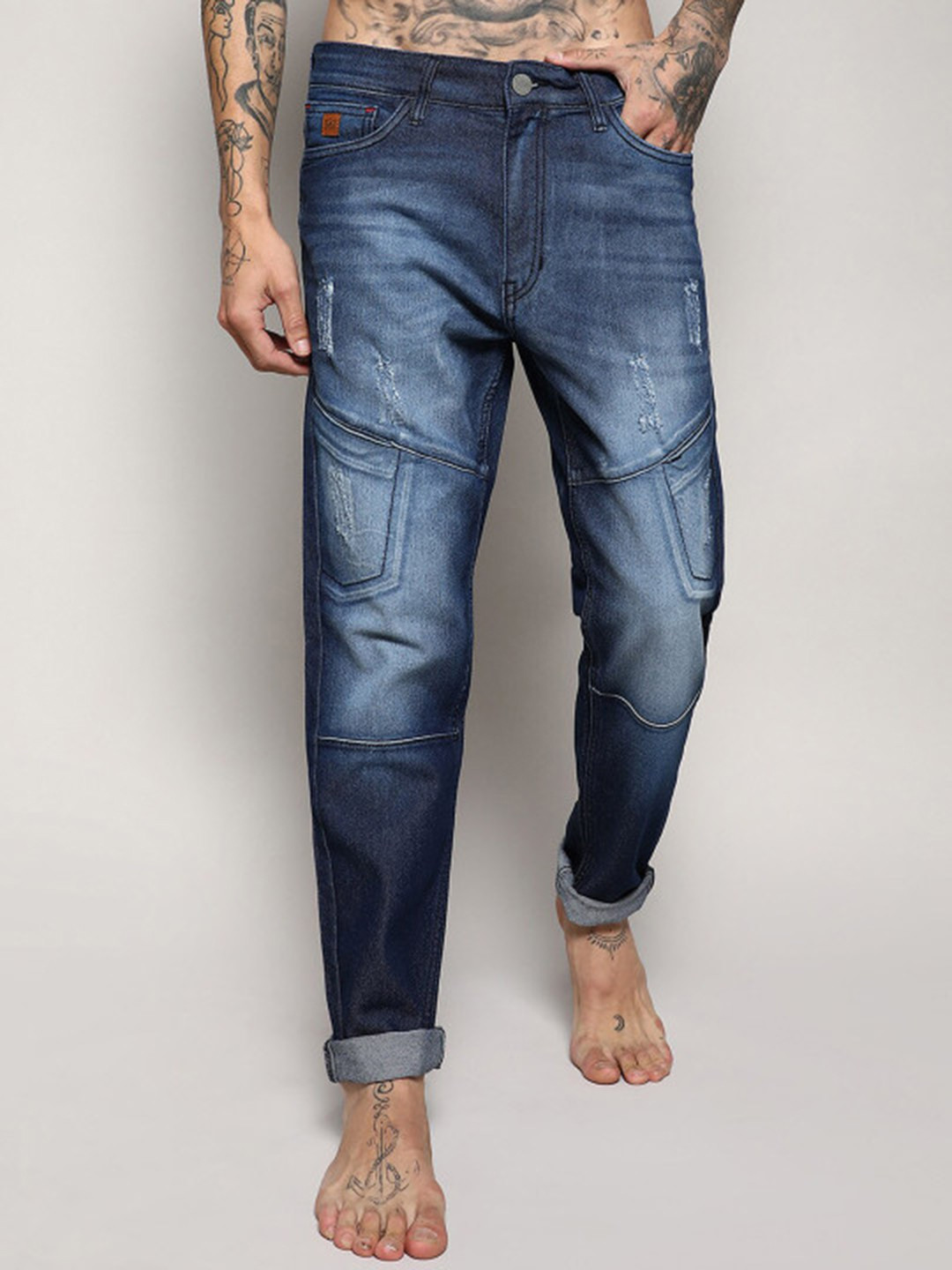CAHOOT Men Blue Smart Slim Fit Mildly Distressed Light Fade Stretchable Jeans