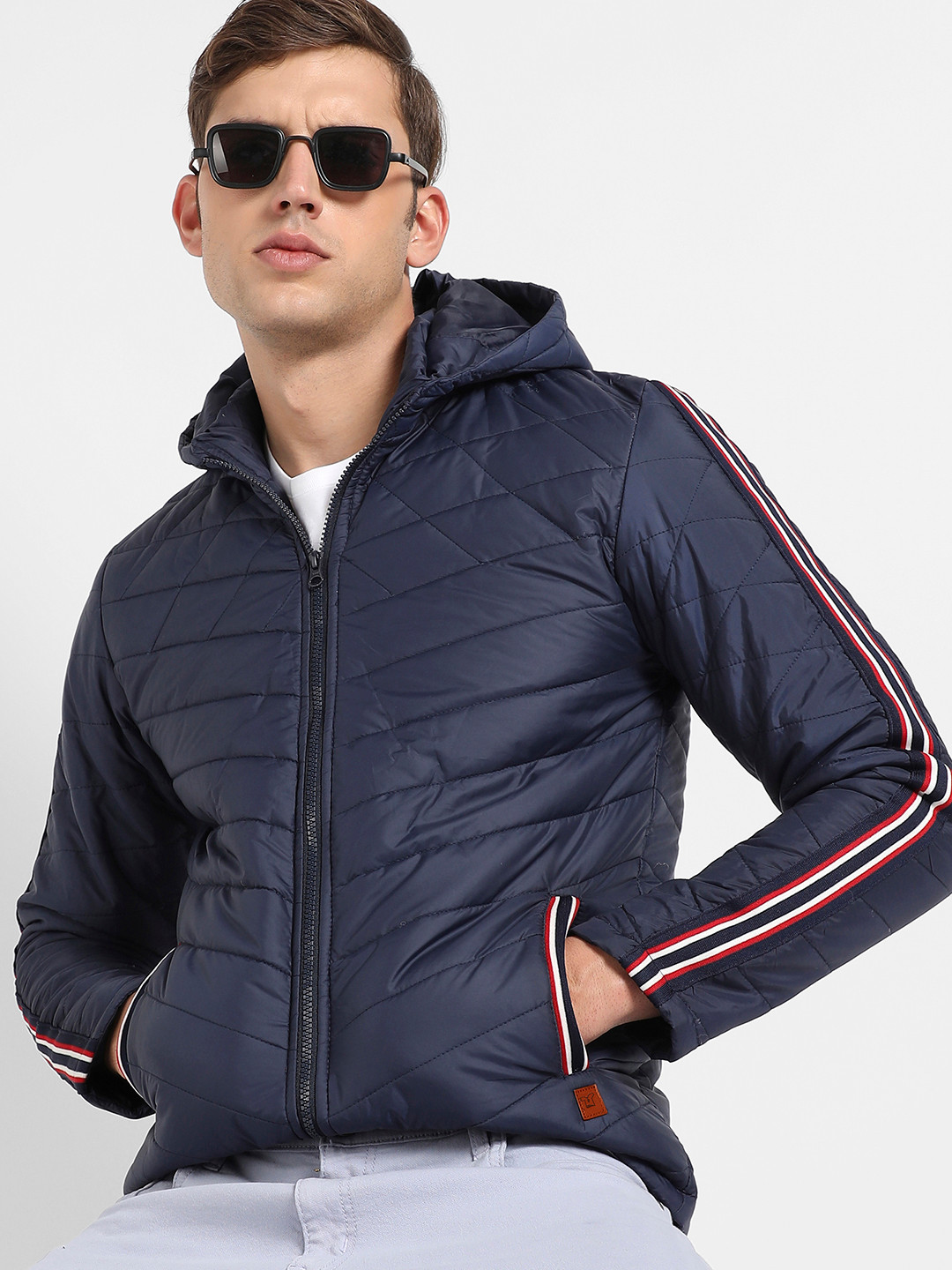CAHOOT Men's Navy Blue Windcheater Contrast Striped Hooded Puffer Jacket