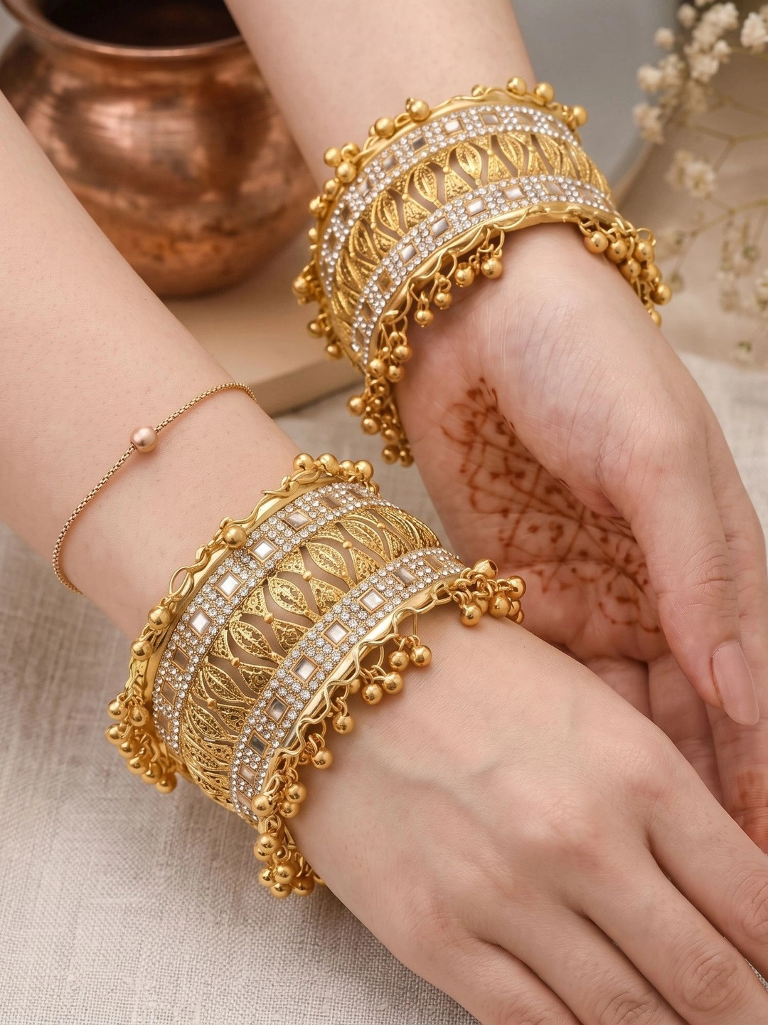 Sangria Set of 2 Gold-Plated Stone Studded & Beaded Bangles