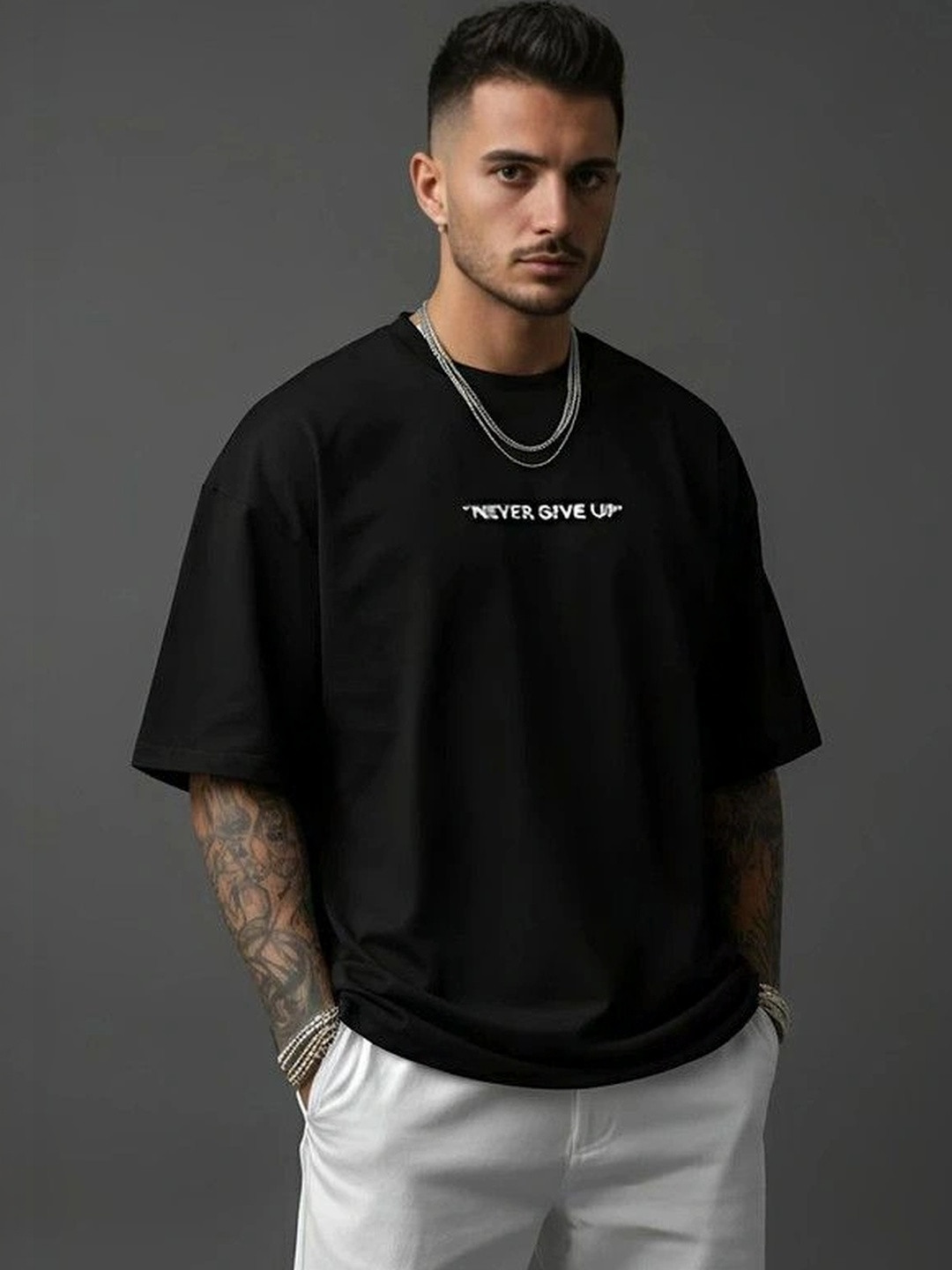 9TUNKI Men Oversized Typography Printed Cotton T-shirt