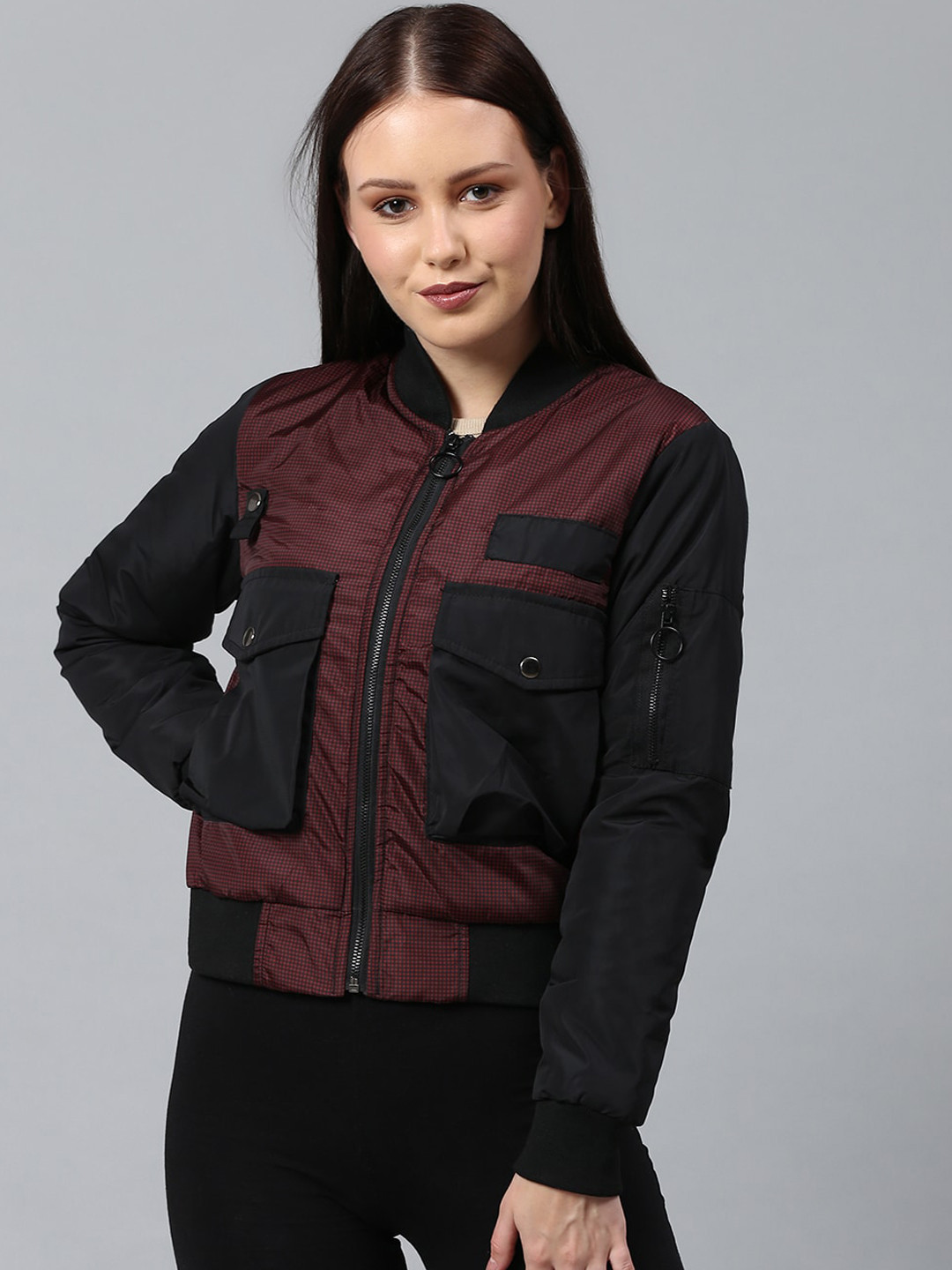 PINACOLADA Women Red Windcheater Crop Outdoor Bomber with Patchwork Jacket