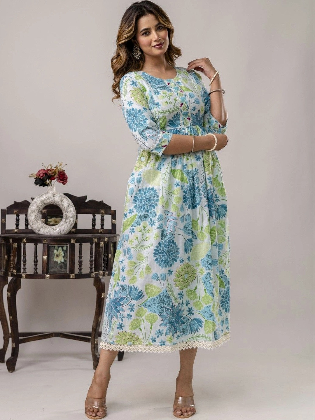 Sangria Printed Round Neck Fit & Flare Maternity Ethnic Dresses