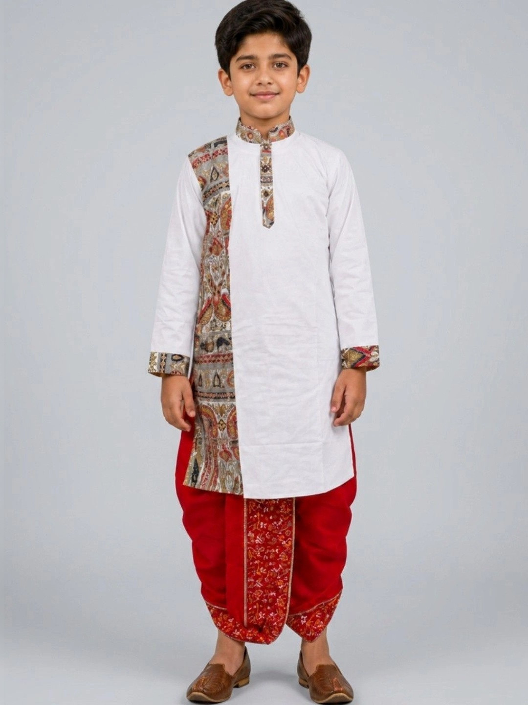 GOURI COLLECTIONS Boys Madhubani Printed Cotton Kurta with Dupion Silk Dhoti Set