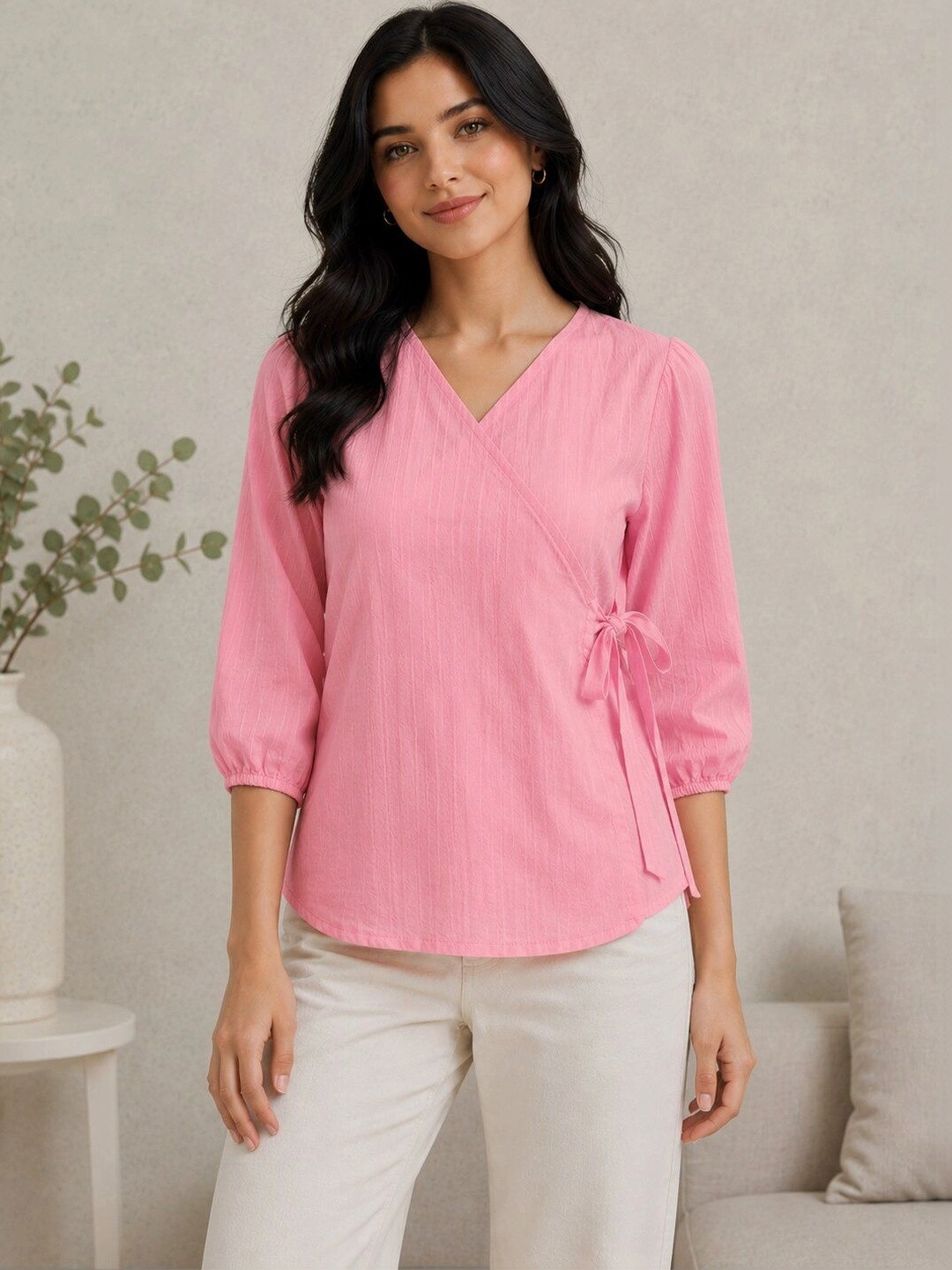 KATLINE Puff Sleeve Cotton Wrap Top