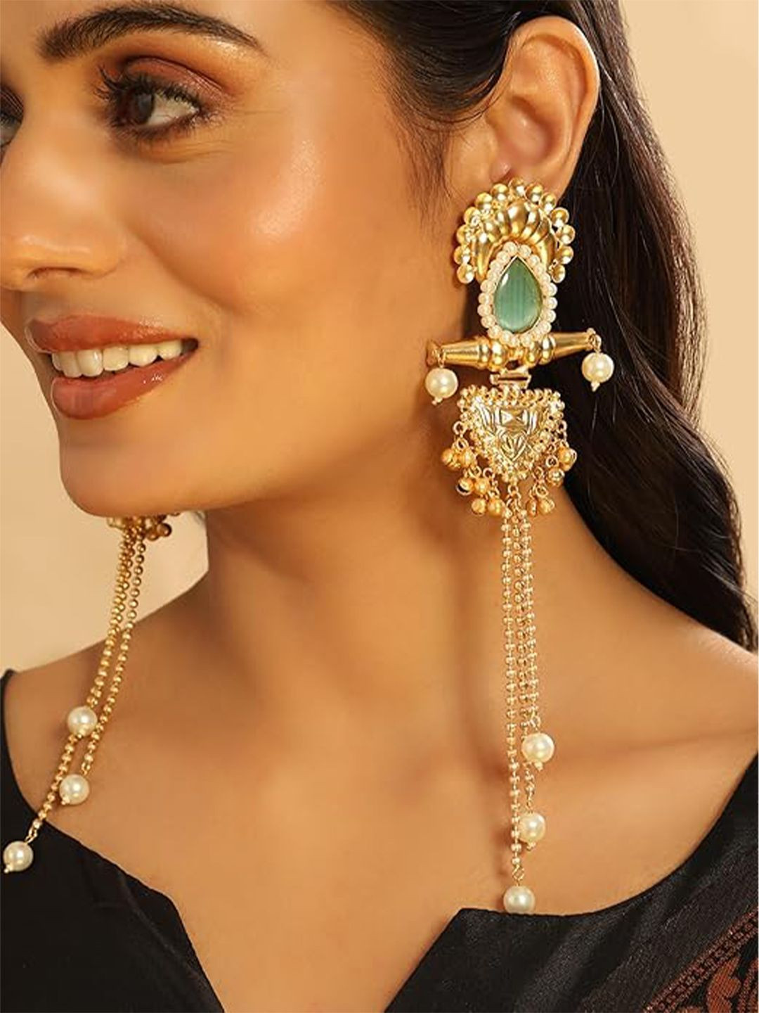 Nuyug  Gold-Plated Chalcedony Studded Contemporary Drop Earrings