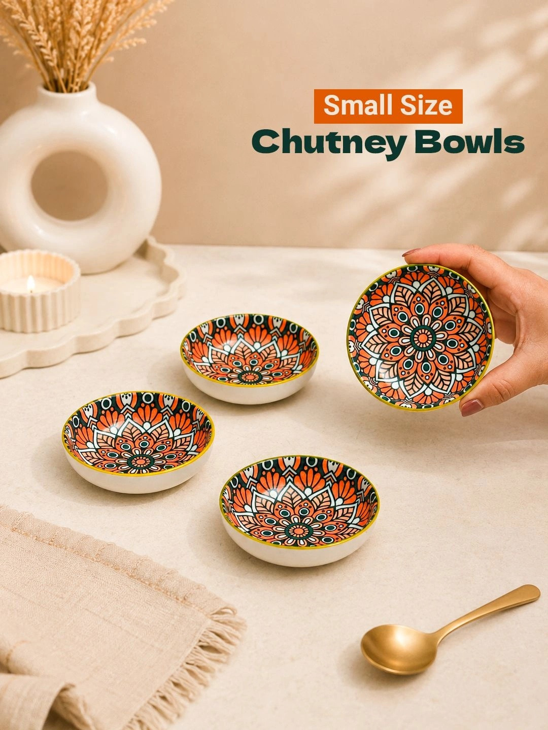 MARKET99 4 Piece Round Ceramic Microwave Safe Small Chutney Bowl 90 ml Each