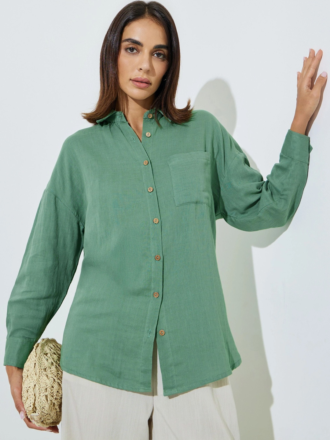 Styli Women Green Solid Long-Sleeves Oversized Casual Shirt
