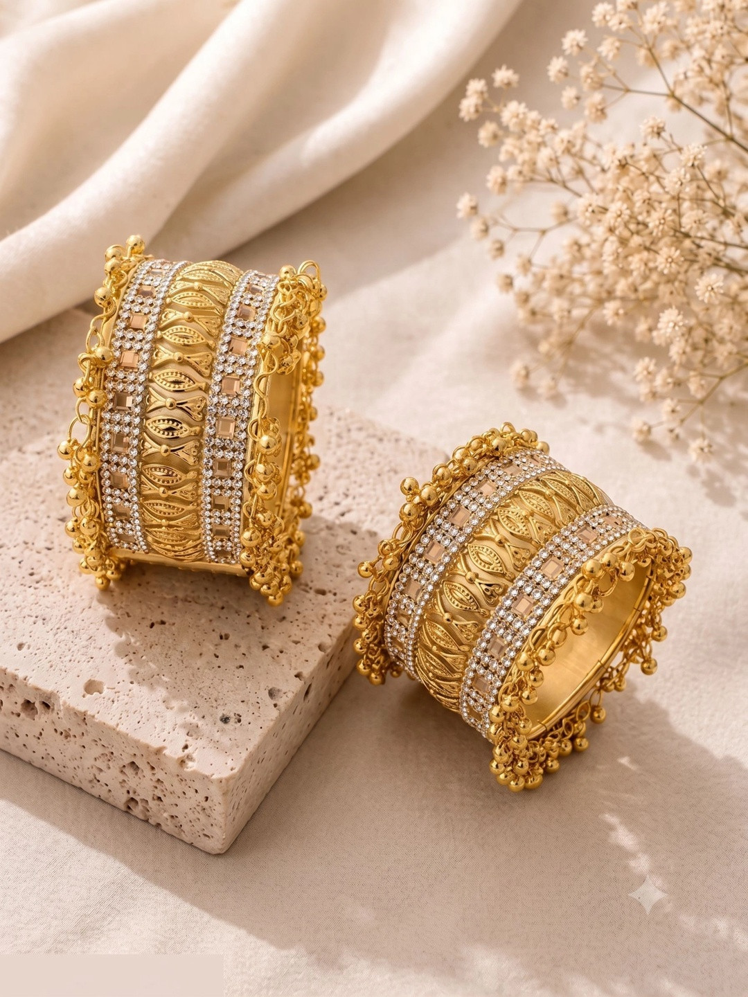 Sangria Set of 2 Gold-Plated Stone Studded & Beaded Bangles