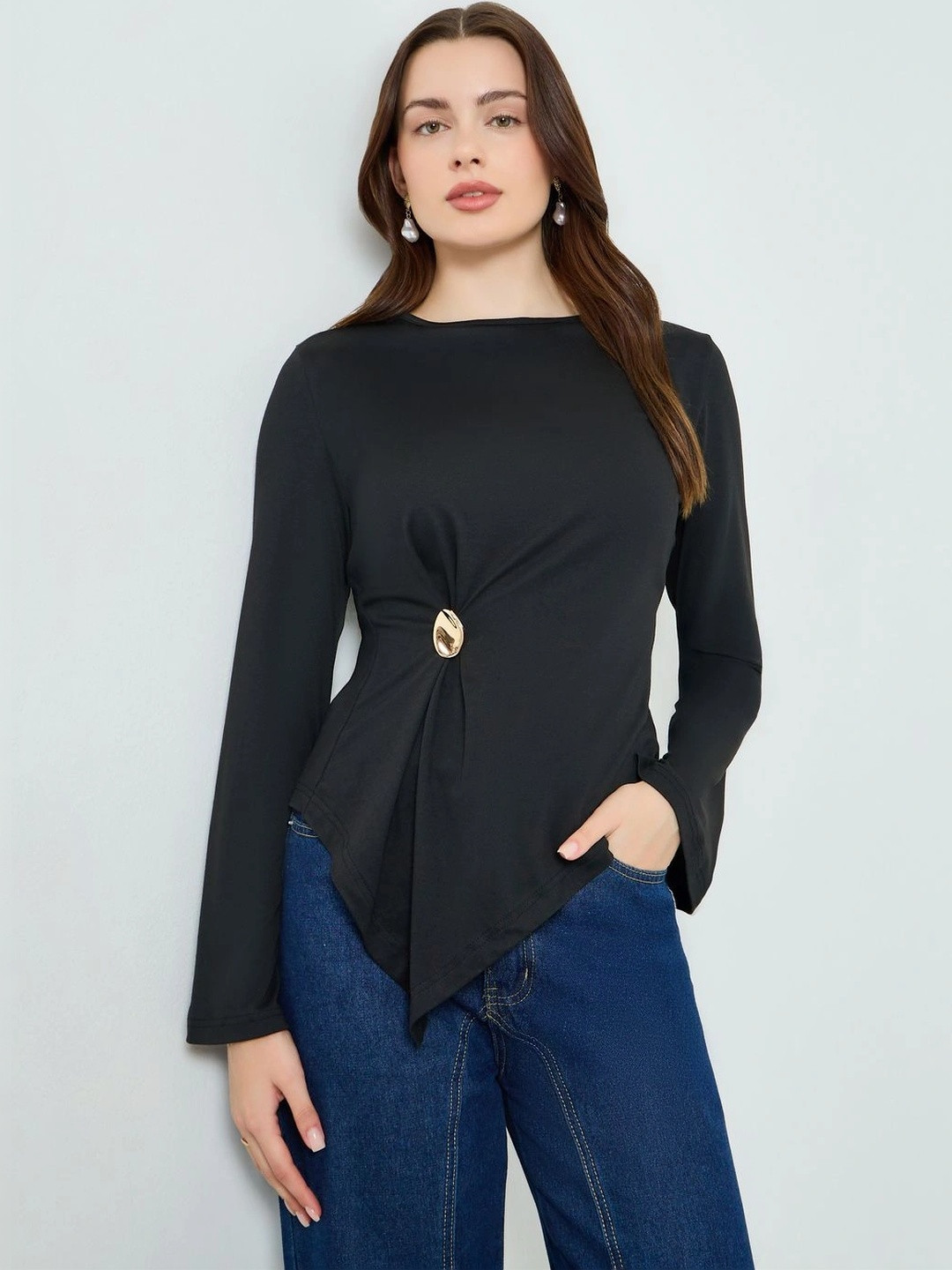 Styli Women Black Solid Boat-Neck Twisted Detail Asymmetric Hem Top