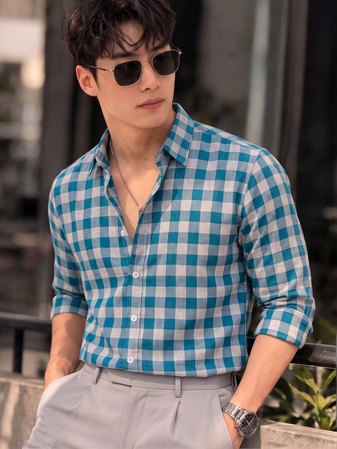 Nat Jastica Men Comfort Gingham Checks Checked Casual Shirt