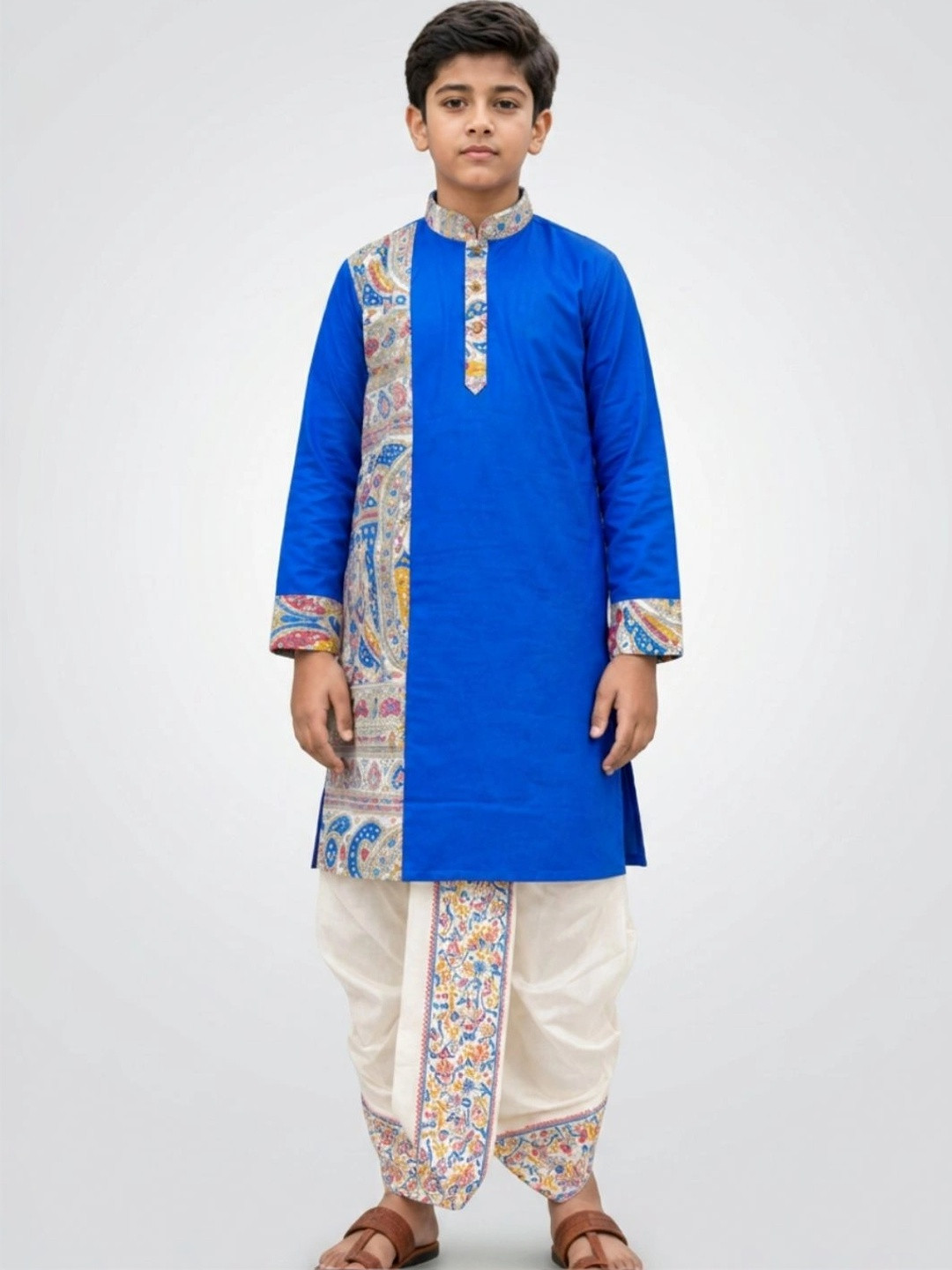 GOURI COLLECTIONS Boys Madhubani Printed Cotton Kurta with Dupion Silk Dhoti Set