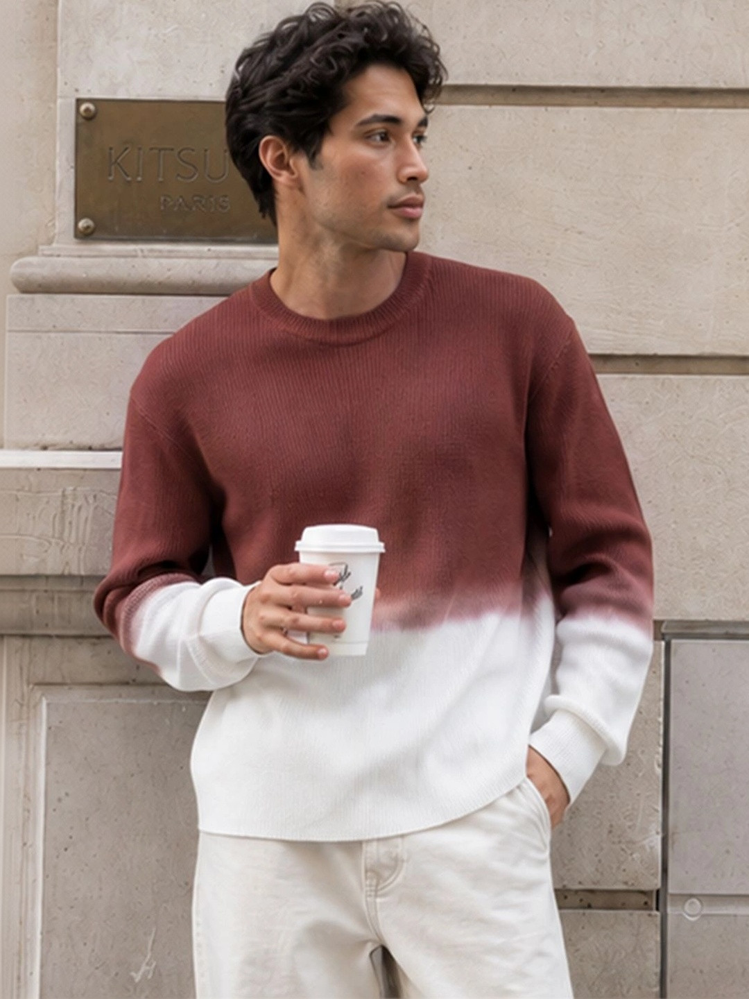 Powerlook Ombre Knit Printed Cotton Round Neck Long Sleeves T-shirt