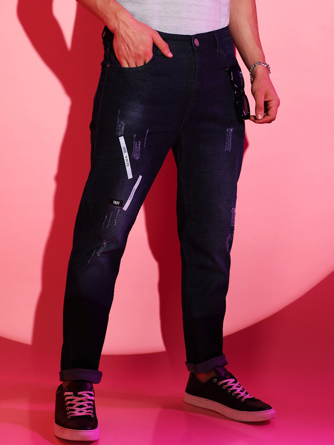 CAHOOT Men Navy Blue Smart Low Distress Mid Rise Cotton Jeans