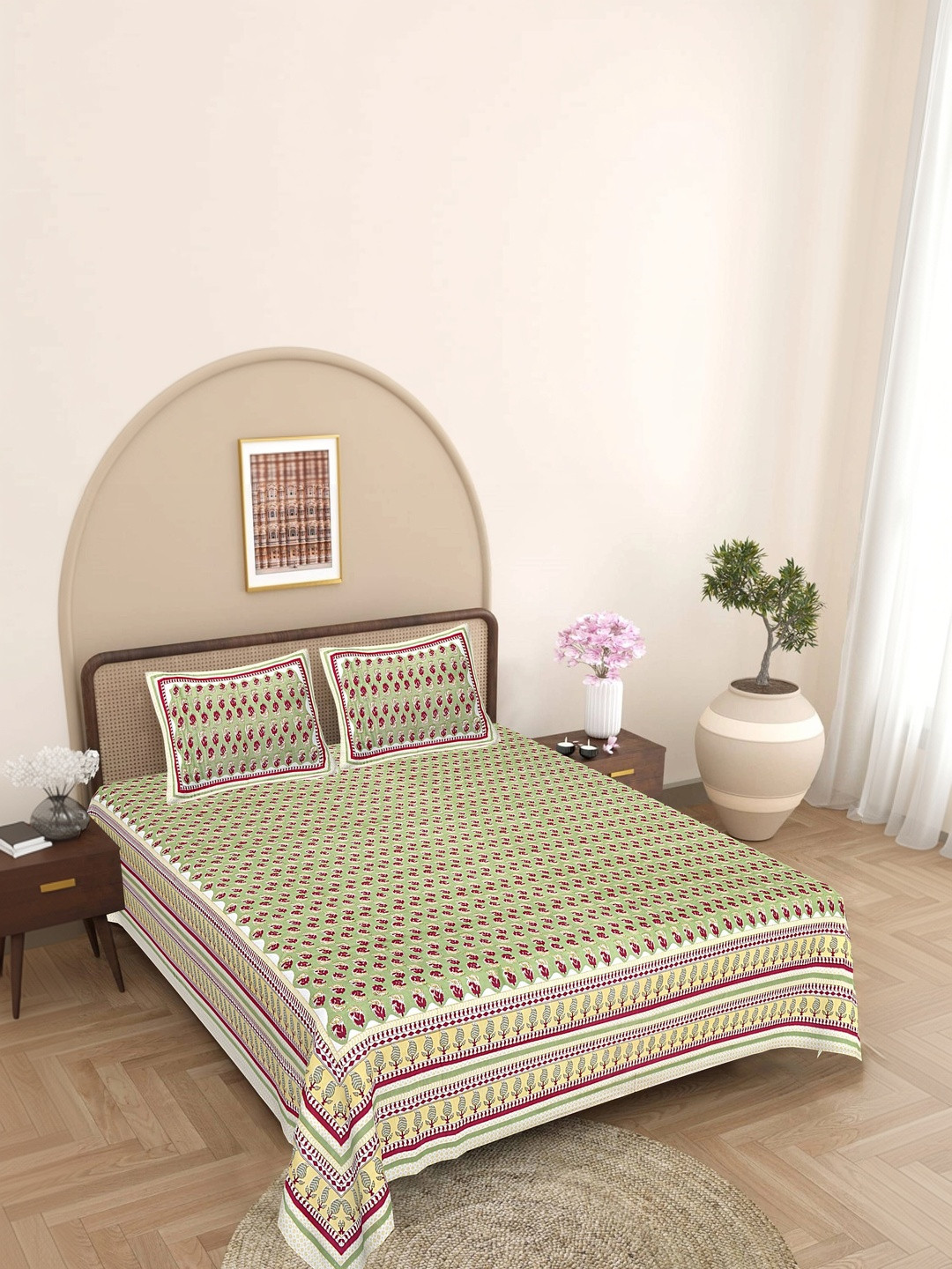 FrionKandy Living Cream-Coloured & Red Floral 180 TC Bedsheet with 2 Pillow Covers