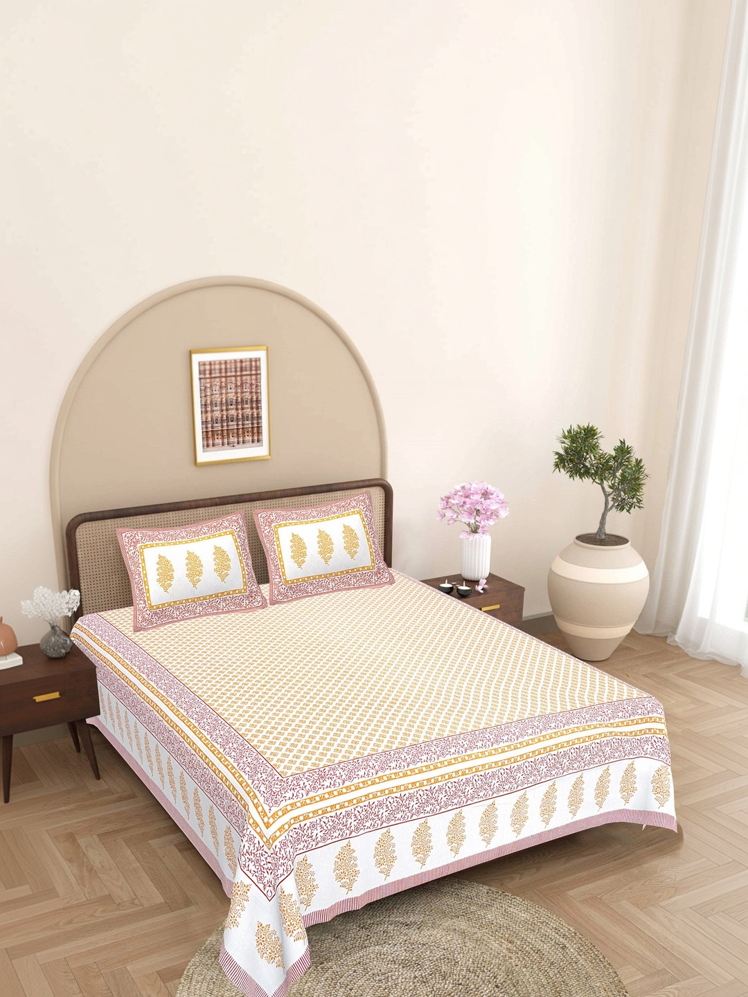 FrionKandy Living Beige & Beige Floral 180 TC Bedsheet with 2 Pillow Covers