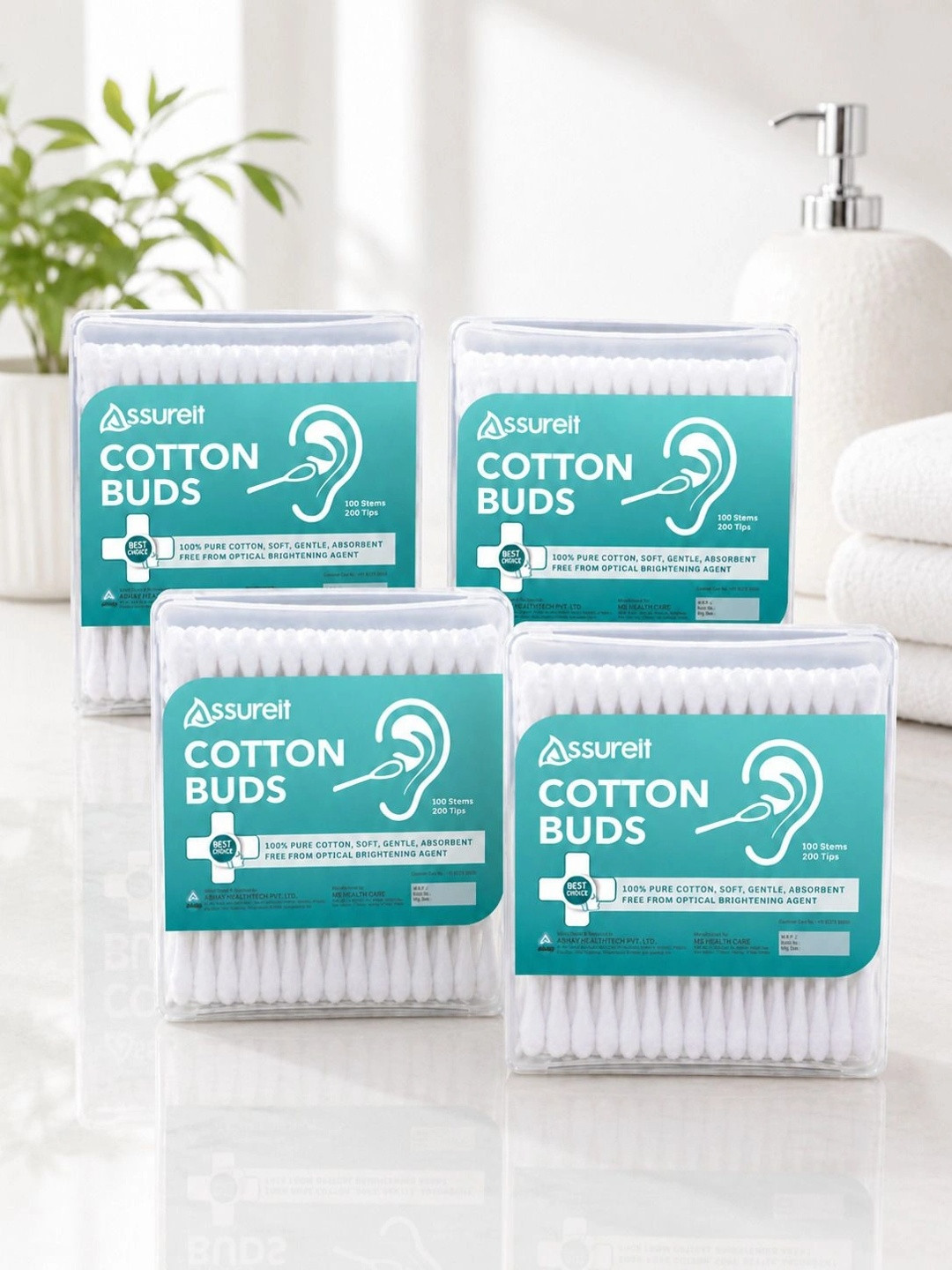 Assure Set Of 4 Premium Cotton Ear Buds For Beauty & Hygiene - 100 Buds Each