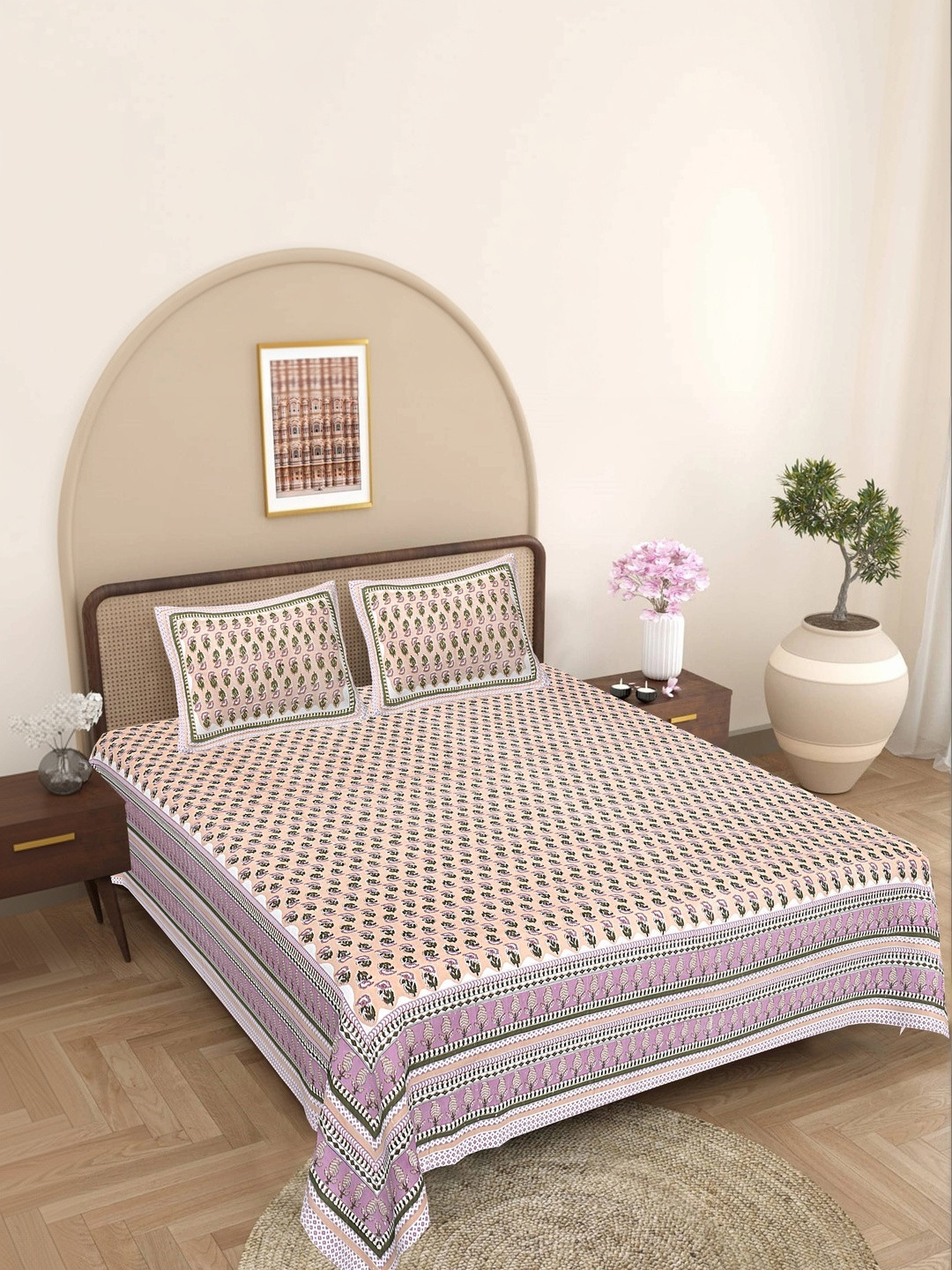 FrionKandy Living Beige & Pink Floral 180 TC Bedsheet with 2 Pillow Covers