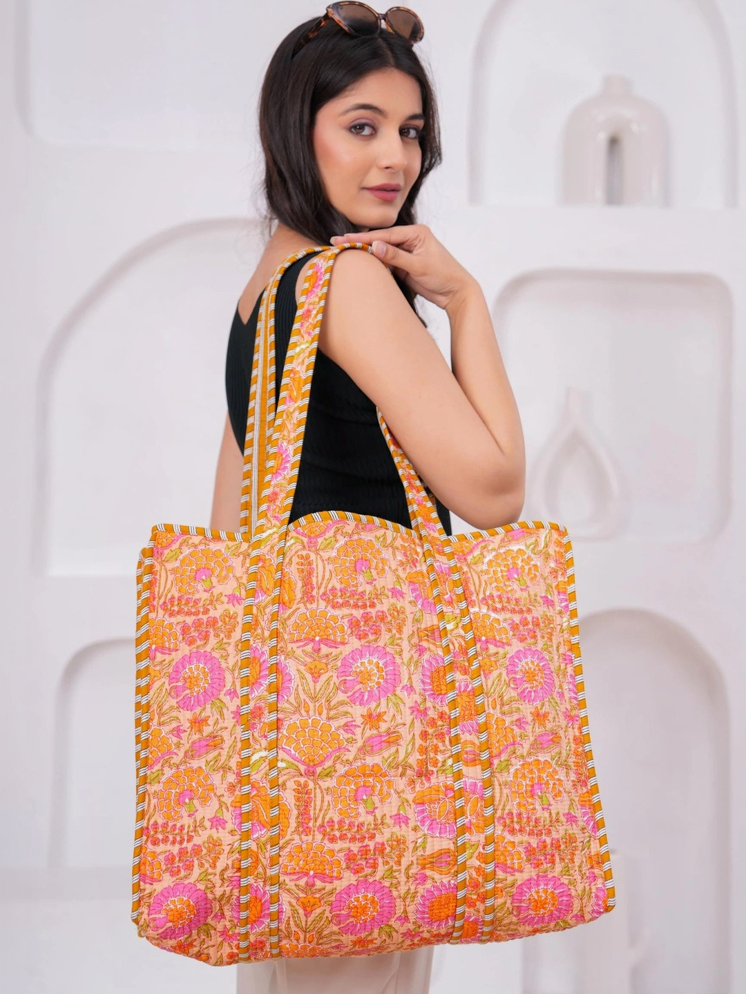 Anouk Floral Printed Tote Bag with Quilted