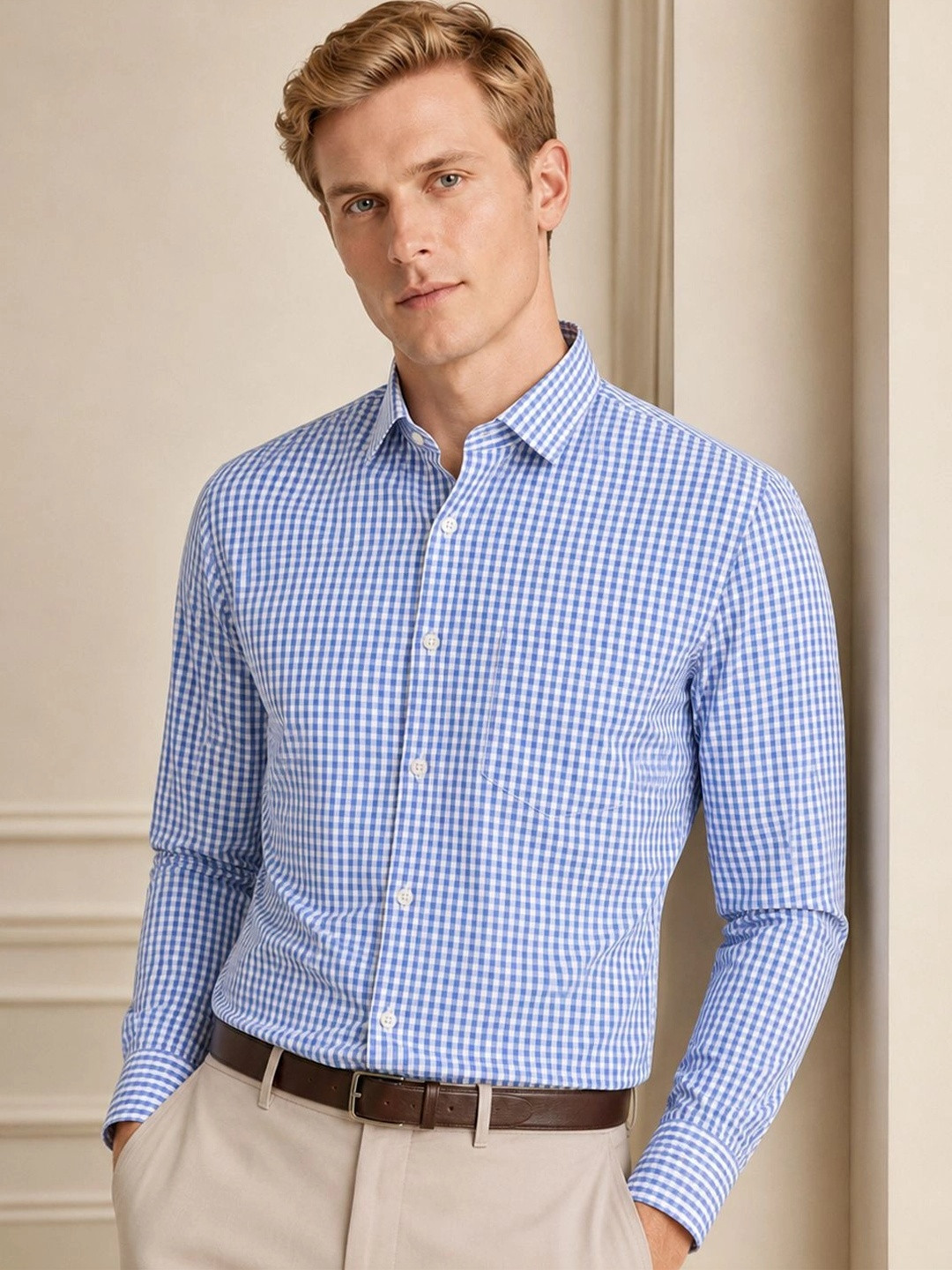 Hancock Men Slim Fit Gingham Checks Opaque Checked Formal Shirt
