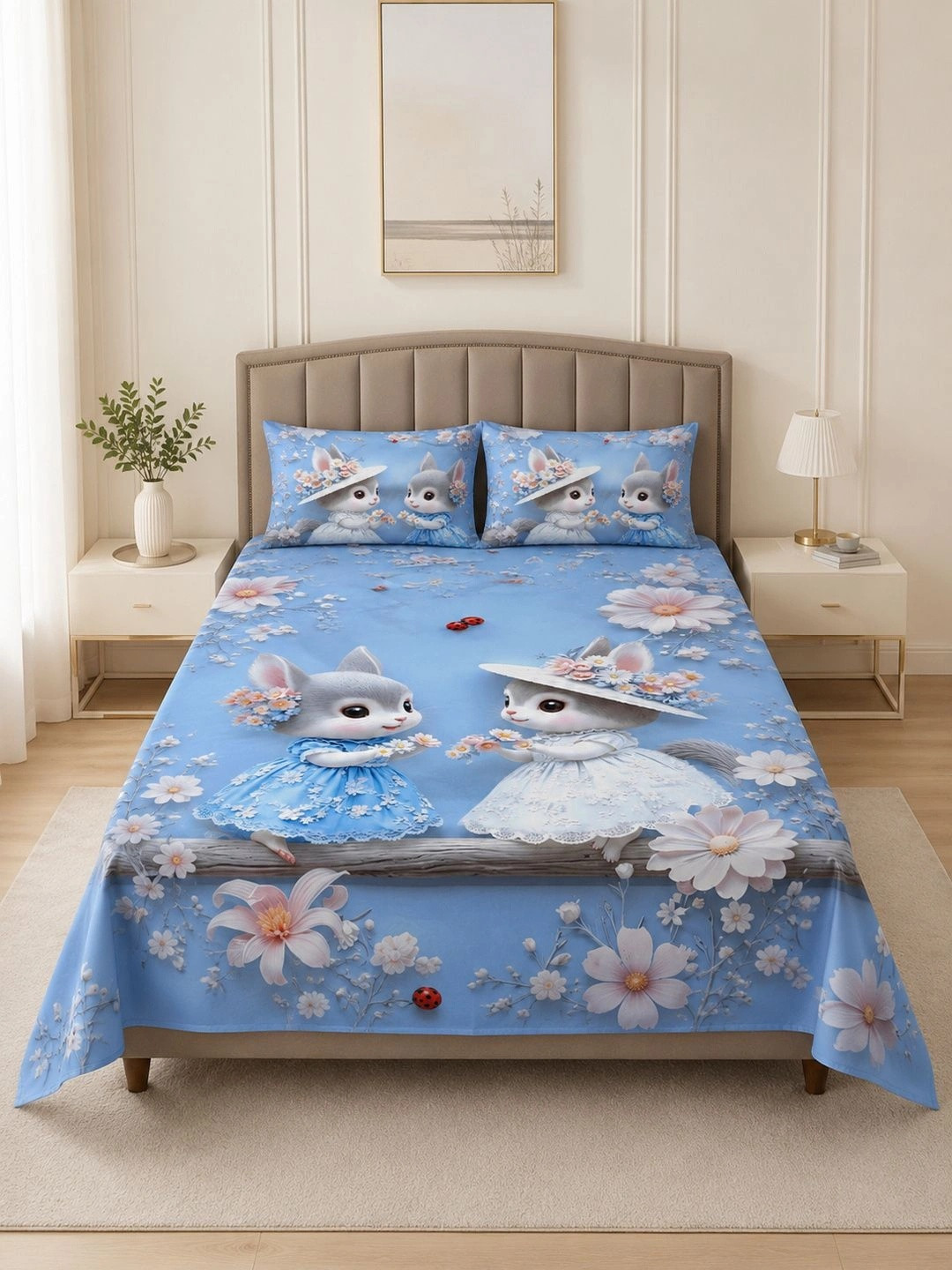 VAIKUNTH HOME Blue & White Cartoon Characters 250 TC Bedsheet with 2 Pillow Covers