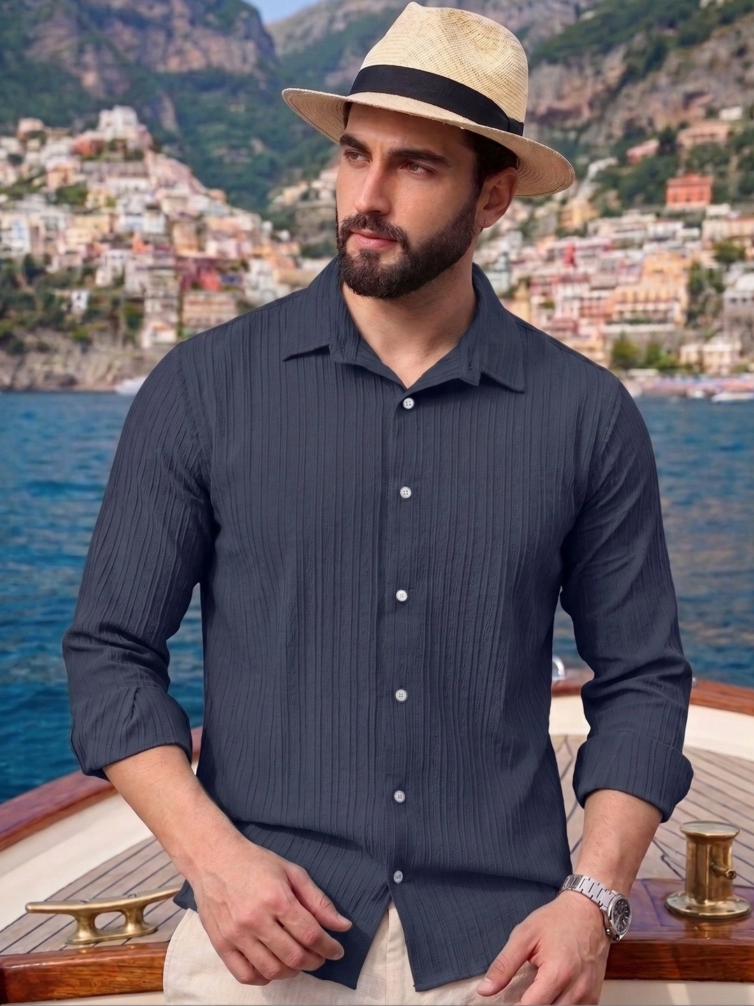 FINIVO FASHION Men Comfort Spread Collar Long Sleeves Regular Fit Cotton Casual Shirt