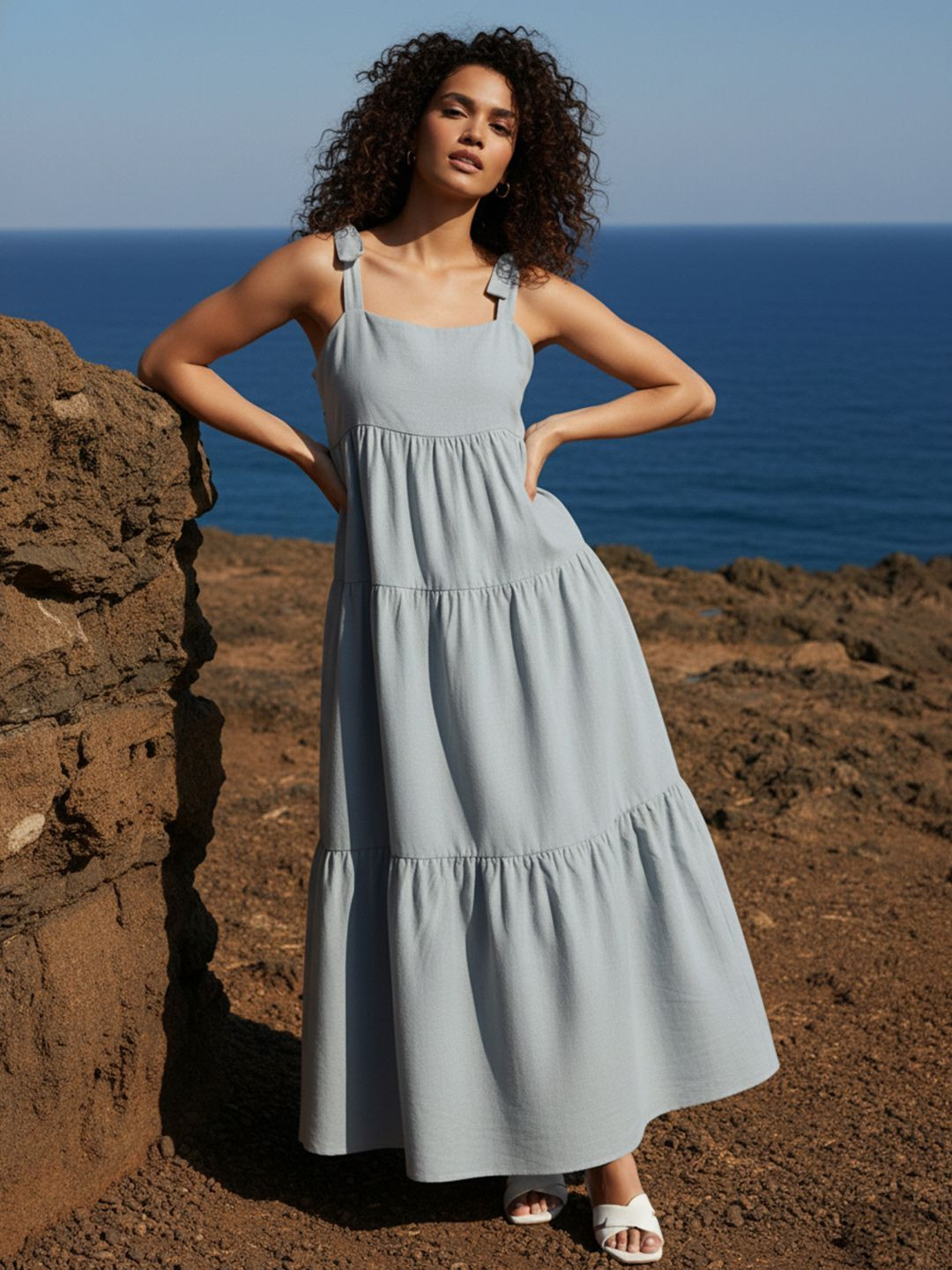 Aoba Women Blue Solid Linen Shoulder Strap Midi Dress