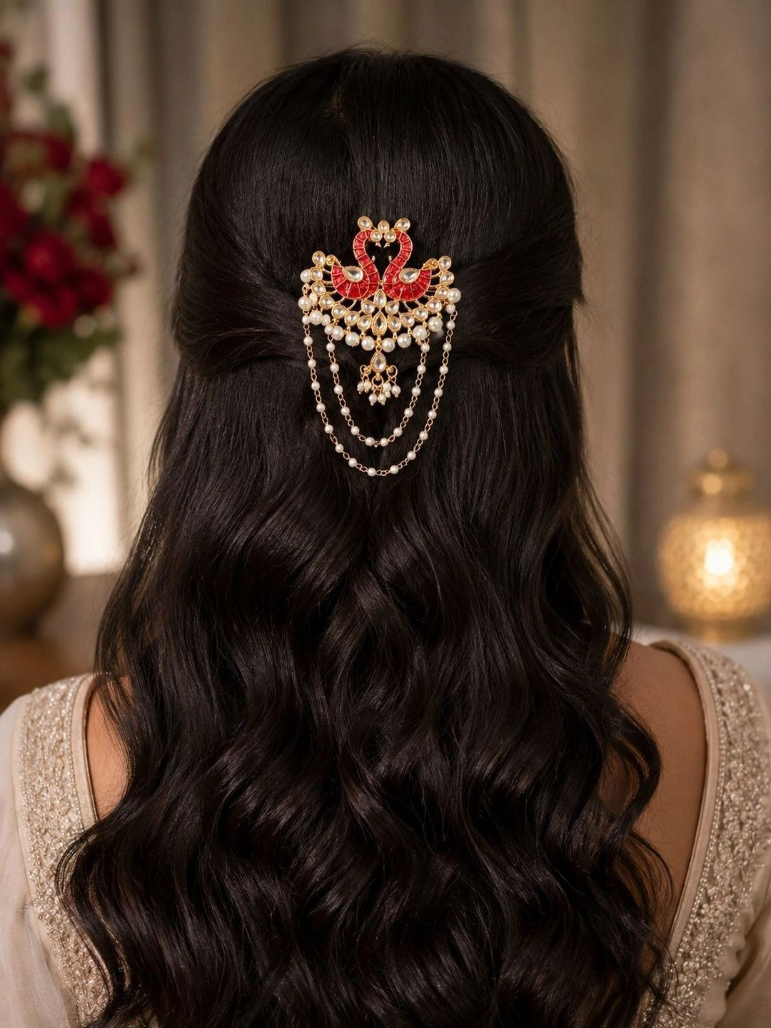 Pearls N Twirls Women Red Swan Kundan Pin with Embellished Hair Accessory Set